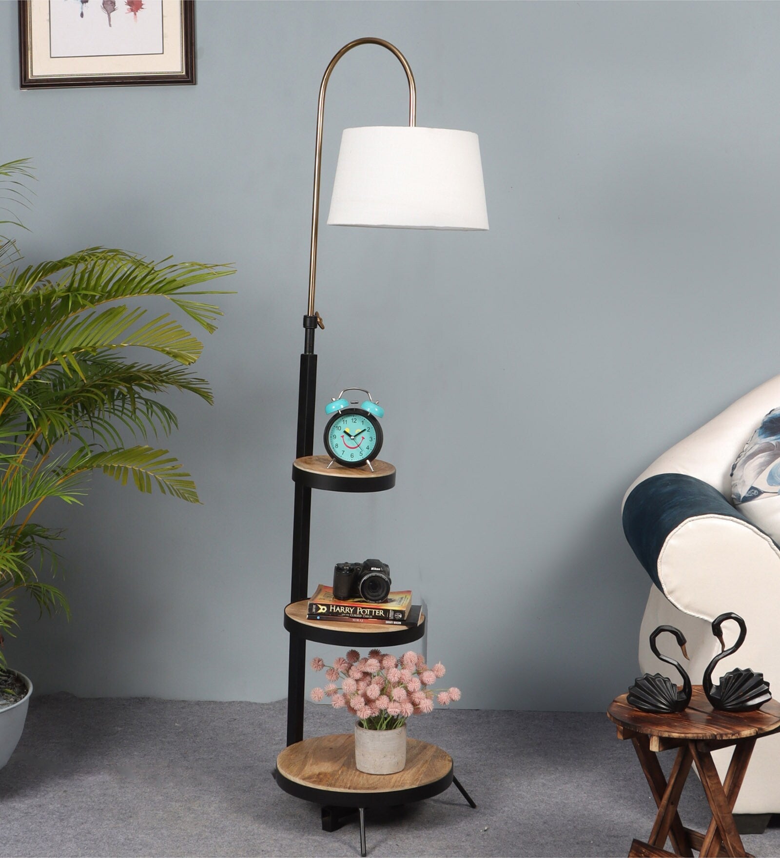 Monolith White Cloth Shade Shelf Floor Lamp With Wood & Iron Base