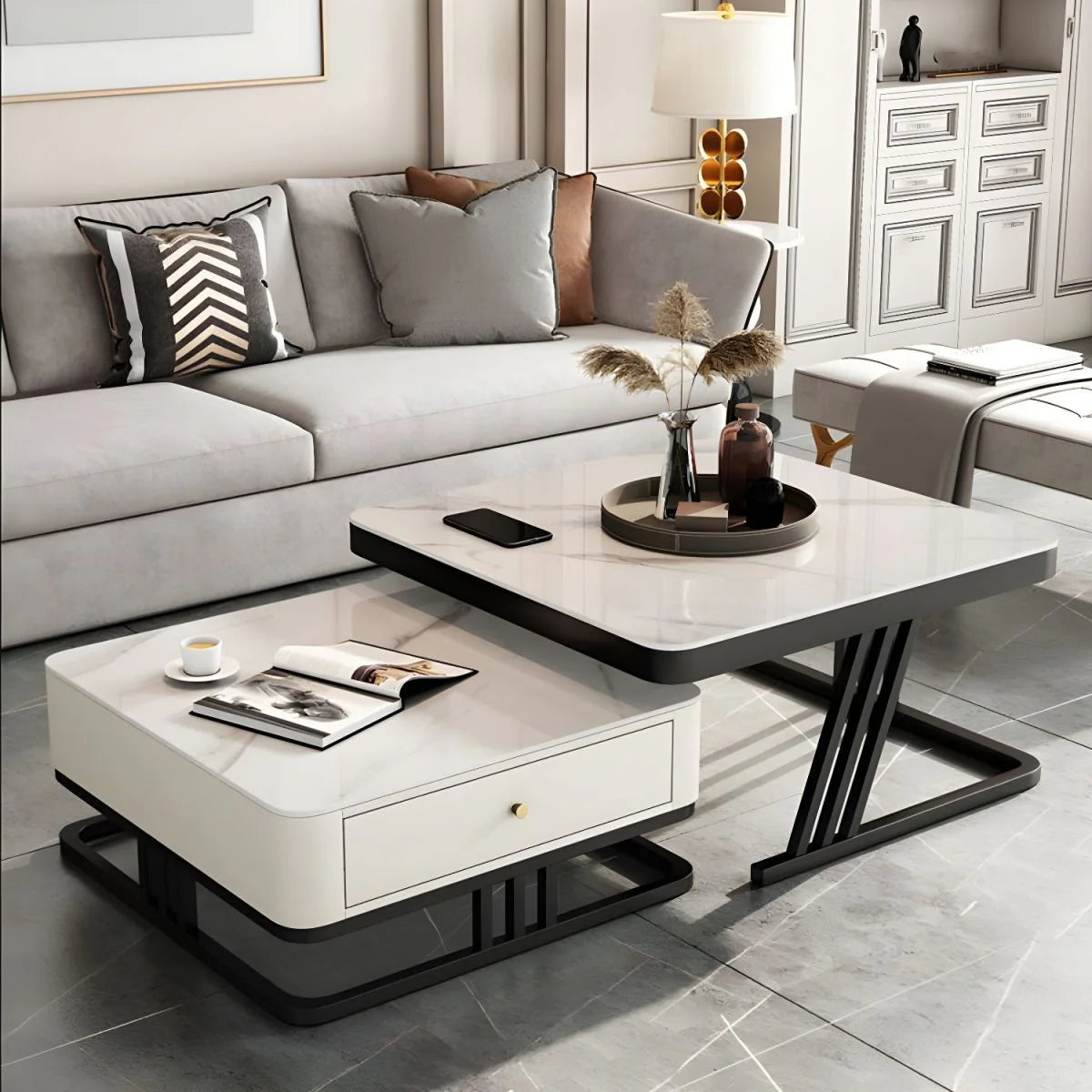 Square Nesting Marble Storage Center Table (Set of 2)