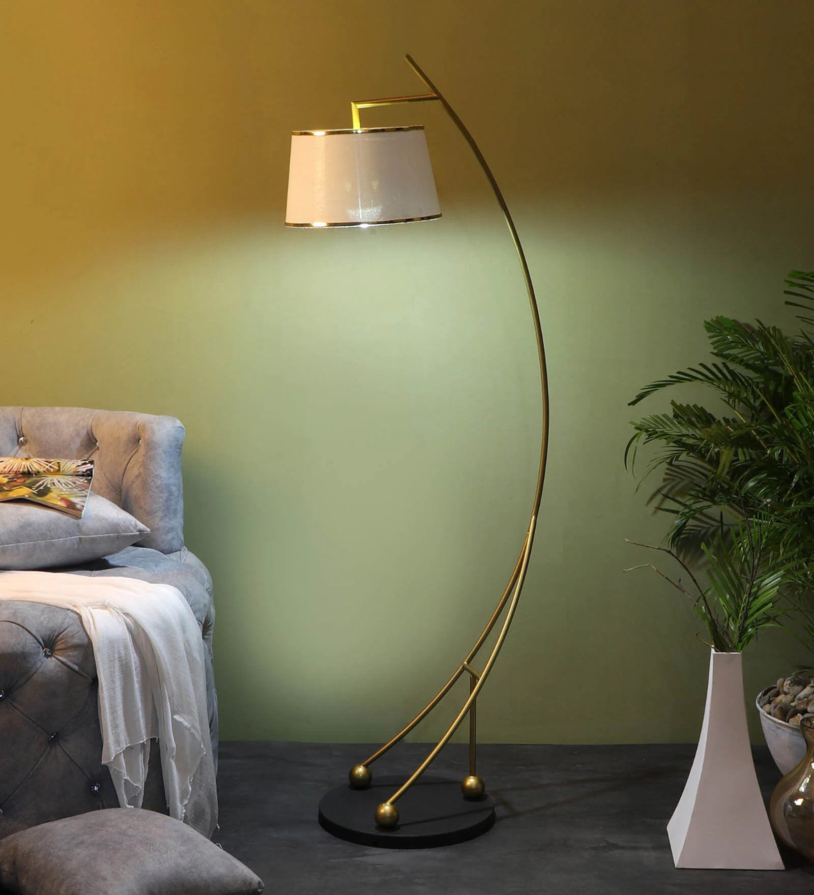 Midwest White Cloth Shade Shelf Floor Lamp For Living Room