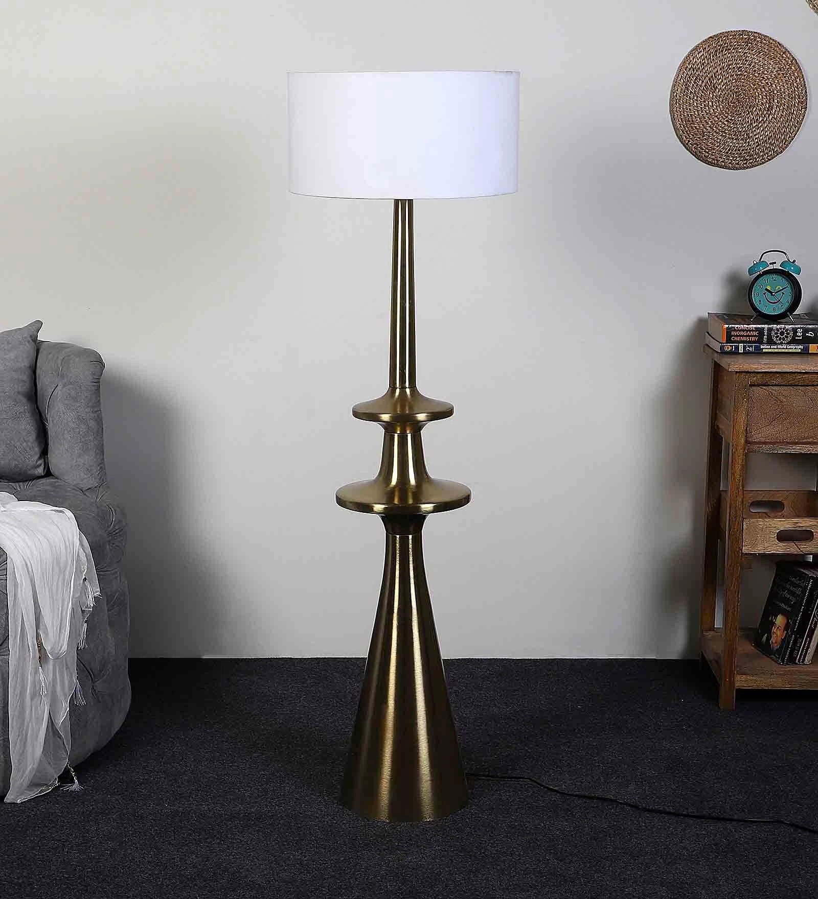 White Iron & Cloth Shade Club Floor Lamp With Metal Base