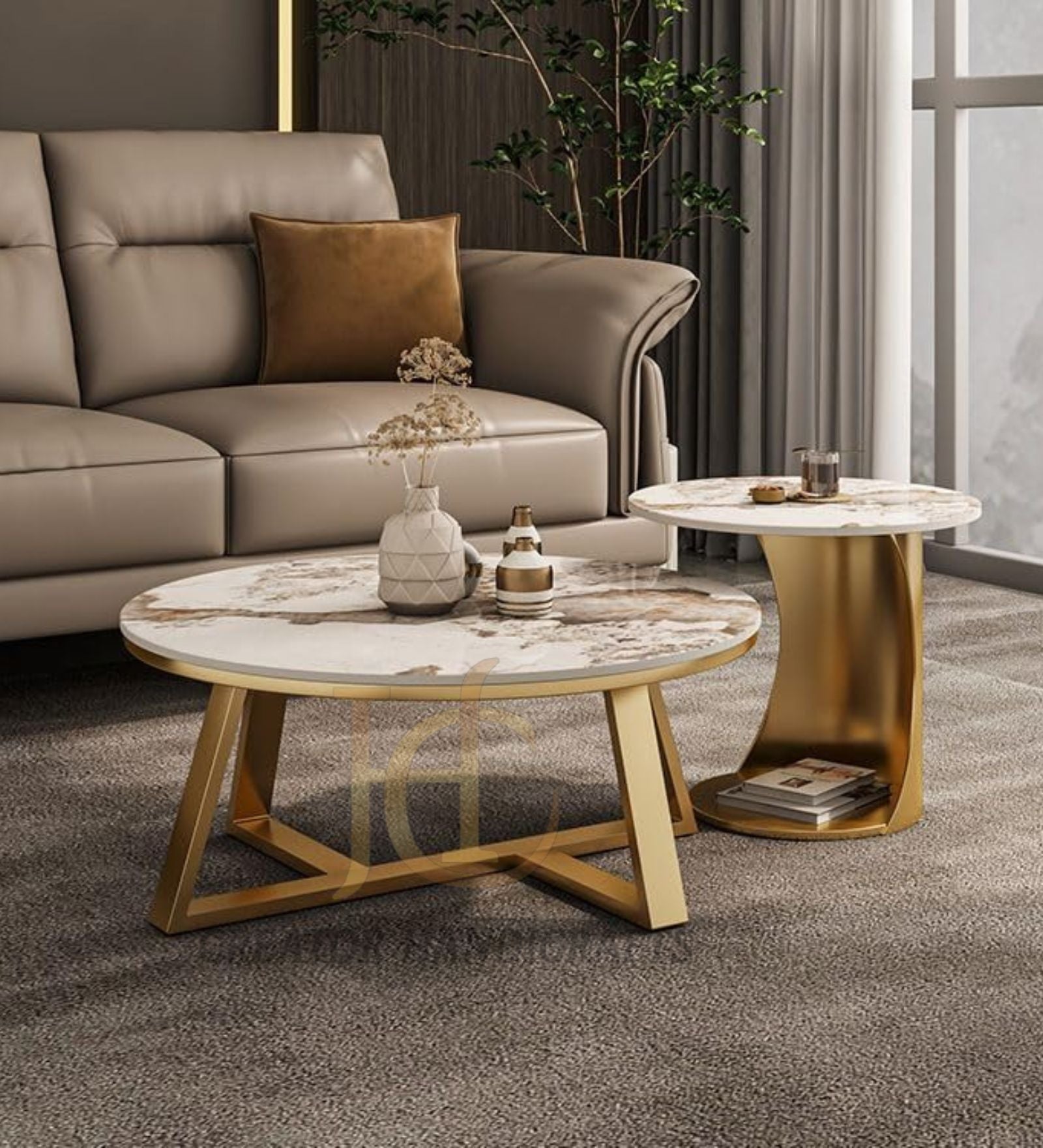 Luxury Marble Nesting Center Table Set of 2 PVD Finish (Stainless Steel)