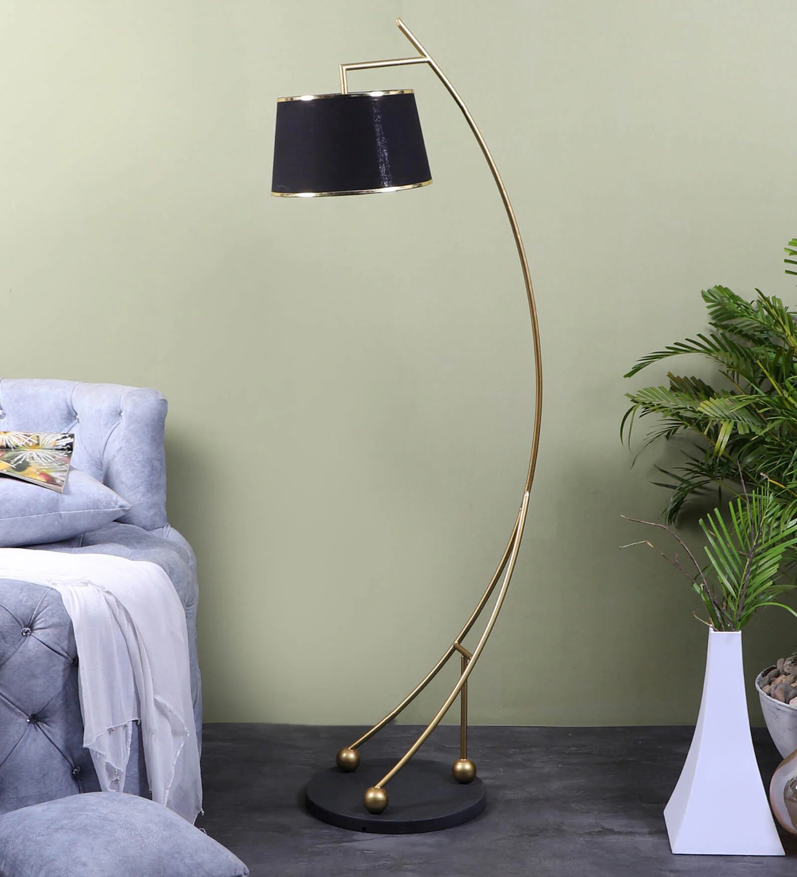 Midwest Black Cloth Shade Shelf Floor Lamp For Living Room