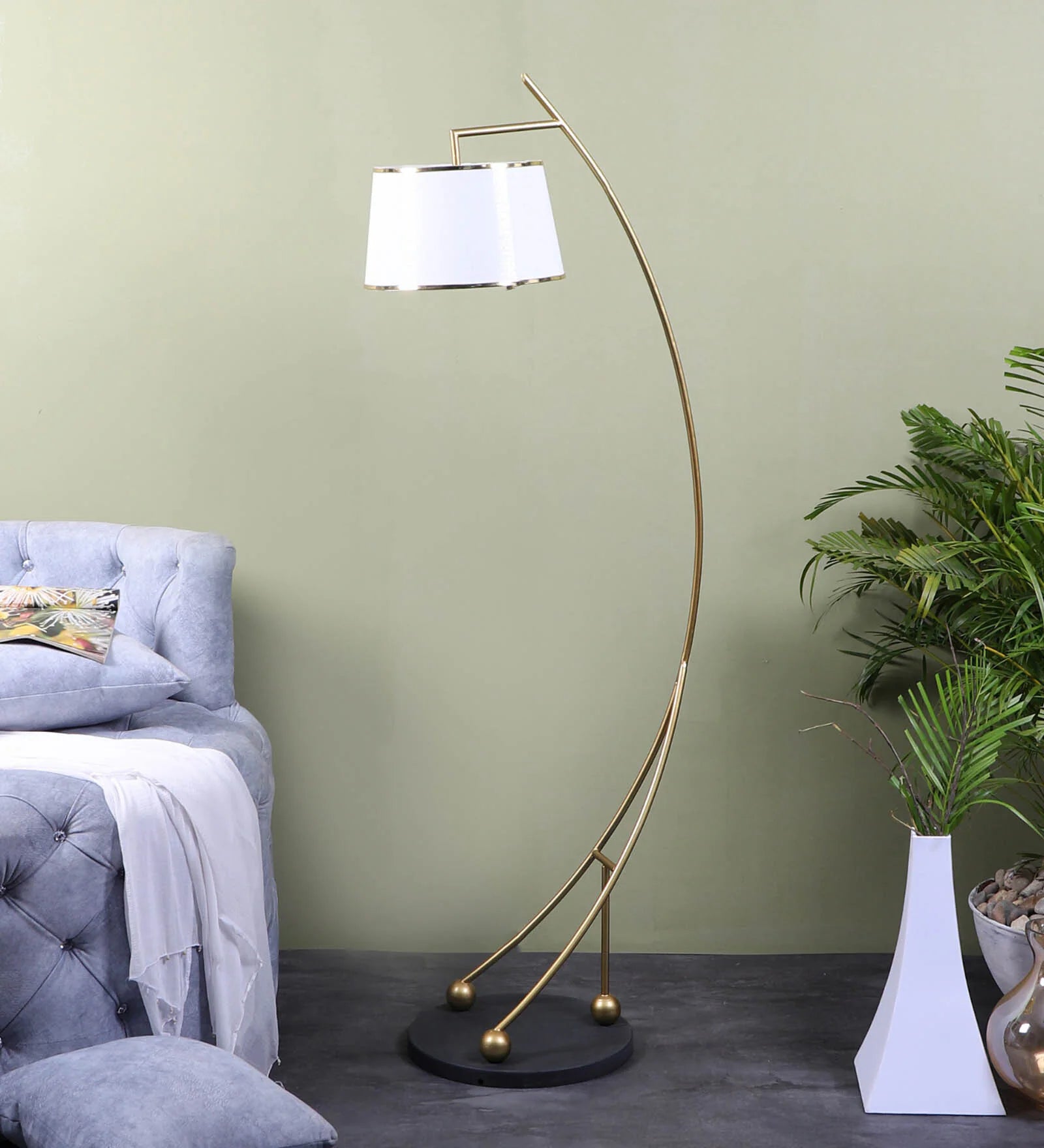 Midwest White Cloth Shade Shelf Floor Lamp For Living Room