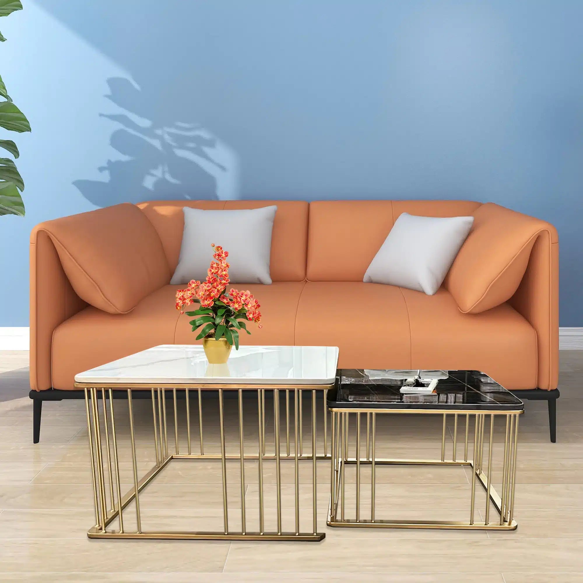 Square Black and White Marble Coffee Table Set of 2 PVD Finish (Stainless Steel)