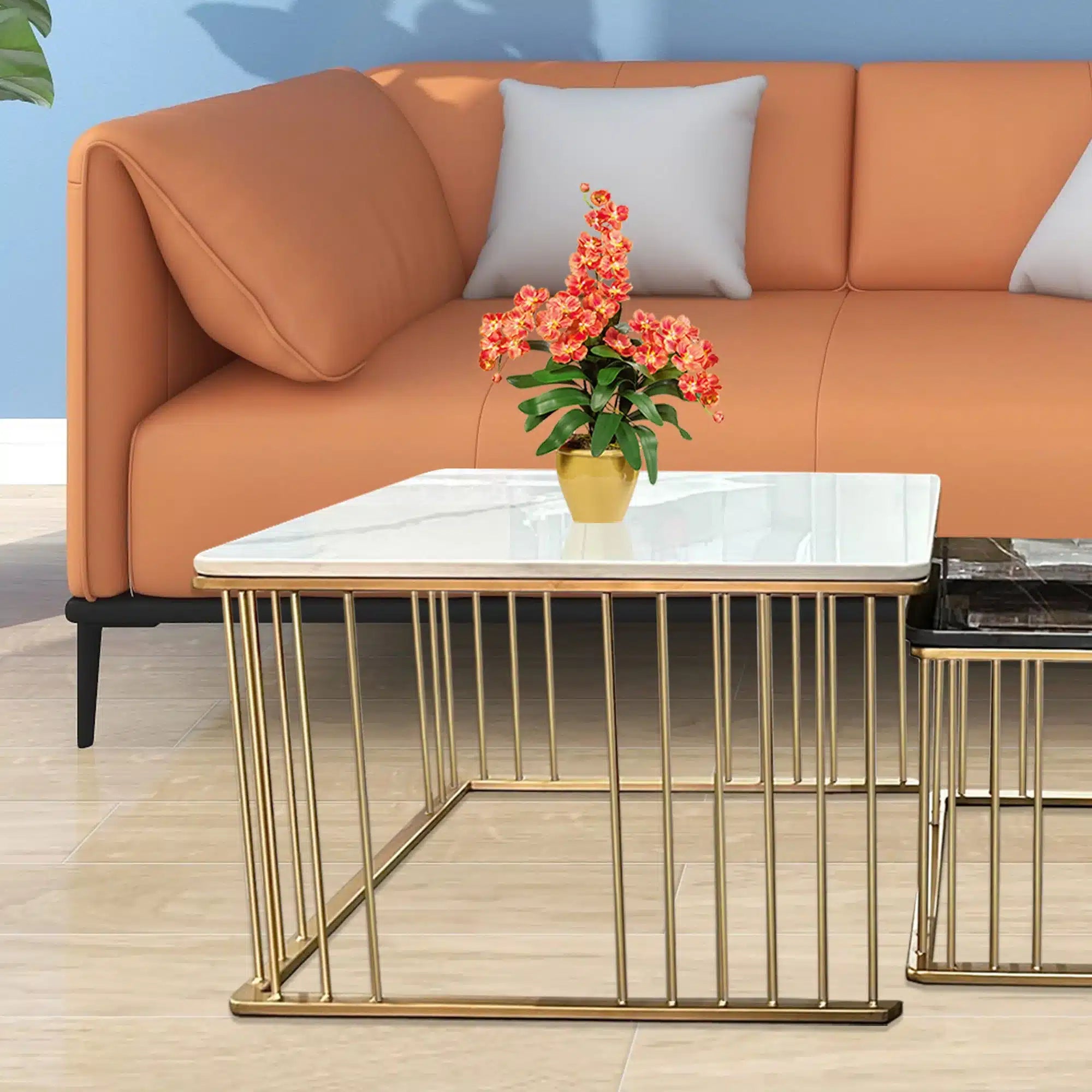 Square Black and White Marble Coffee Table Set of 2 PVD Finish (Stainless Steel)