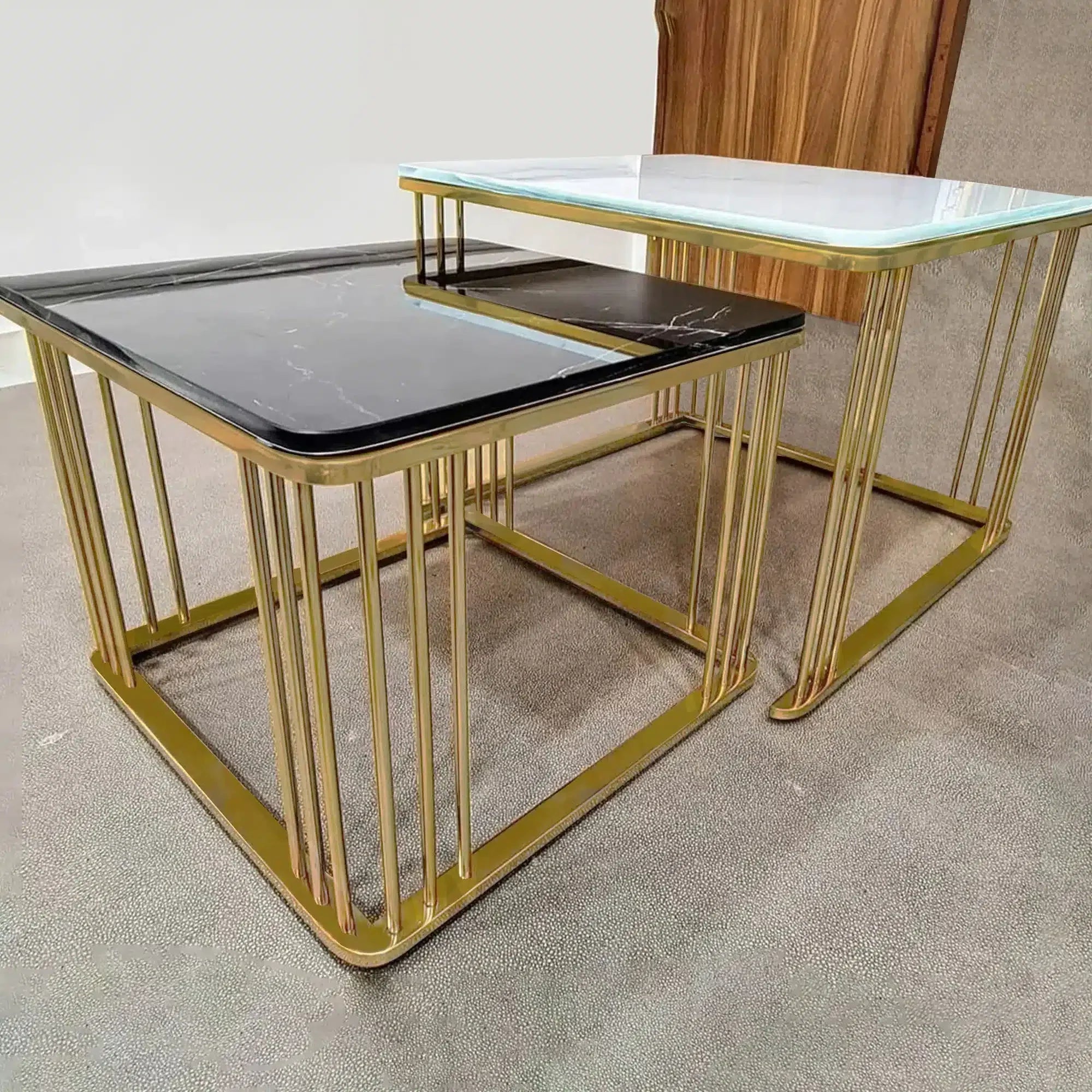 Square Black and White Marble Coffee Table Set of 2 PVD Finish (Stainless Steel)