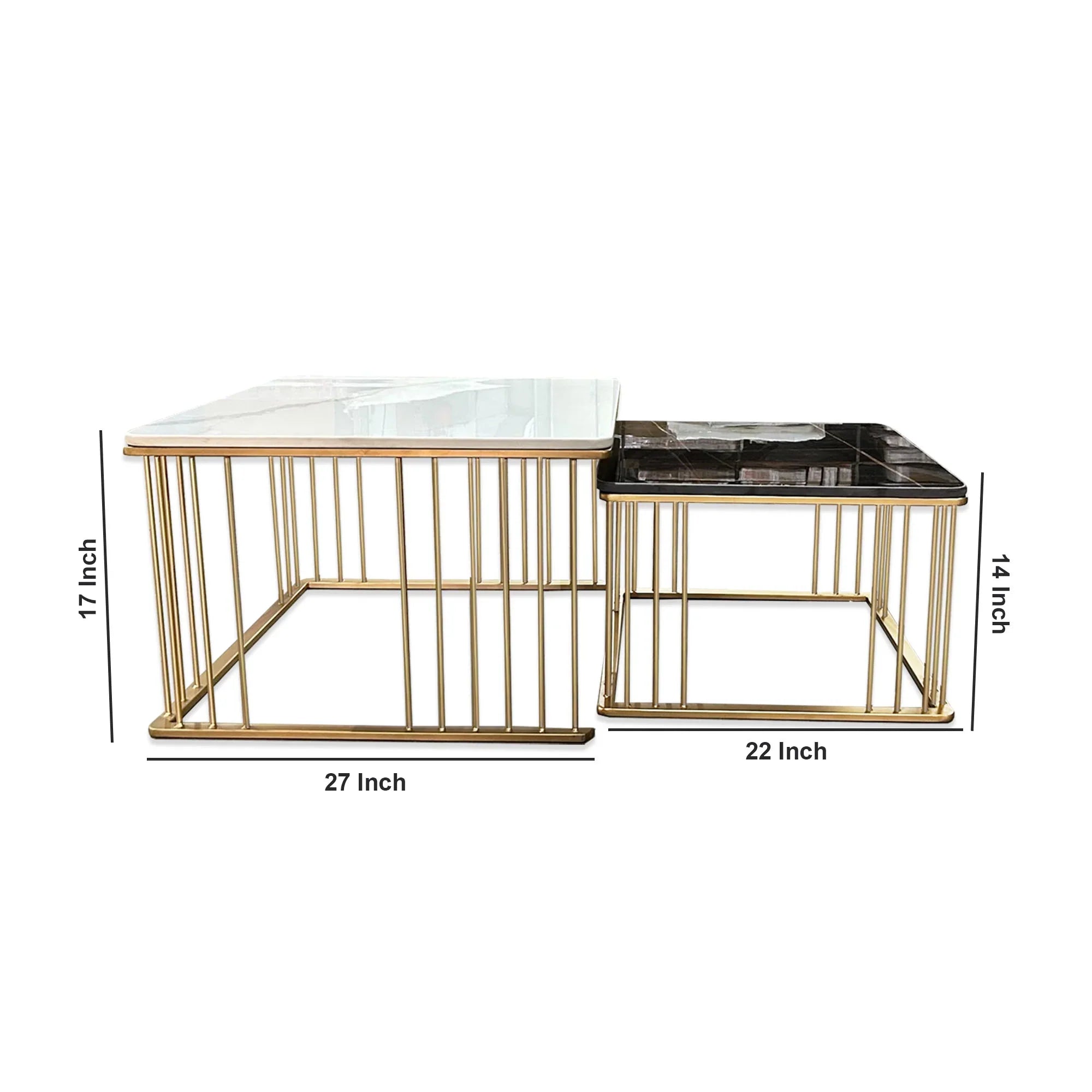 Square Black and White Marble Coffee Table Set of 2 PVD Finish (Stainless Steel)
