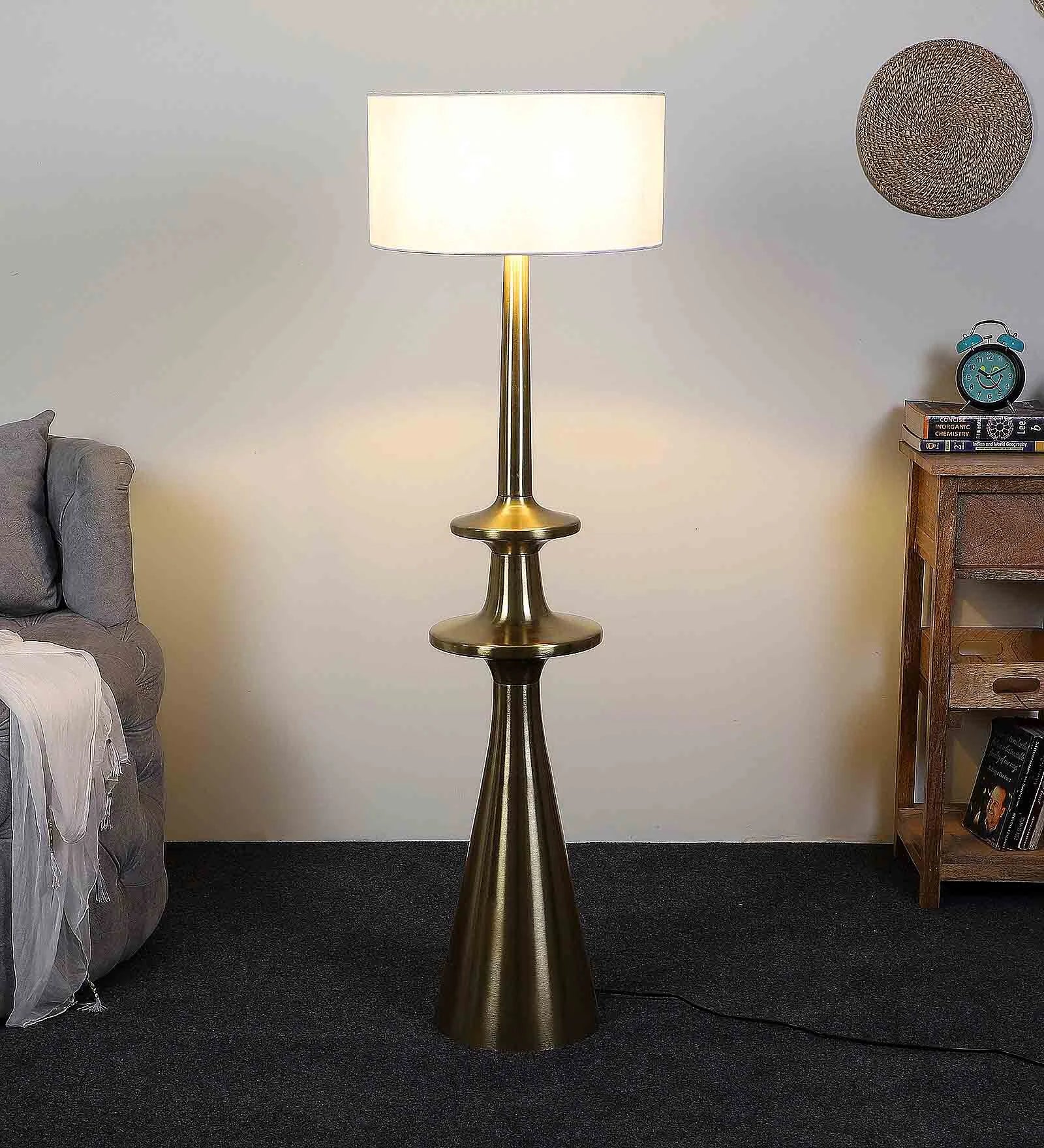 White Iron & Cloth Shade Club Floor Lamp With Metal Base