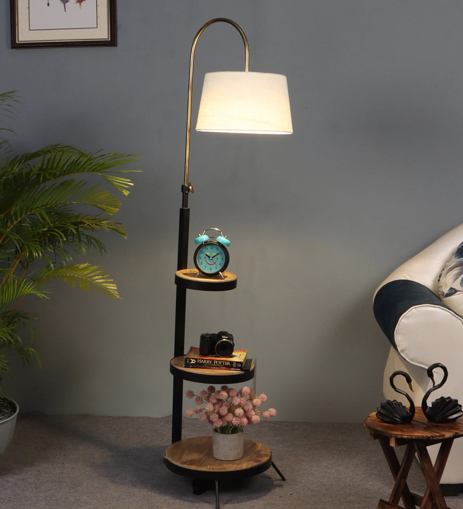 Monolith White Cloth Shade Shelf Floor Lamp With Wood & Iron Base