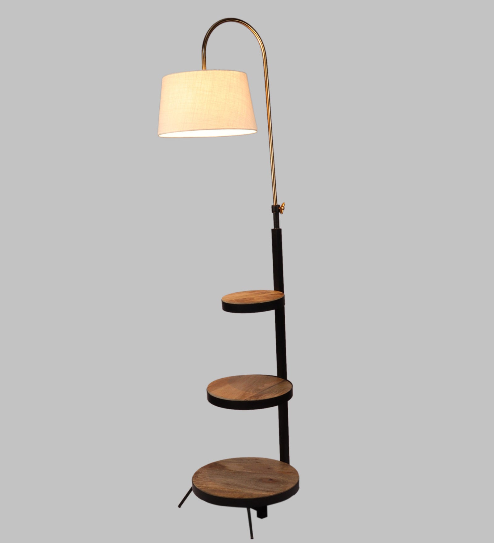 Monolith White Cloth Shade Shelf Floor Lamp With Wood & Iron Base