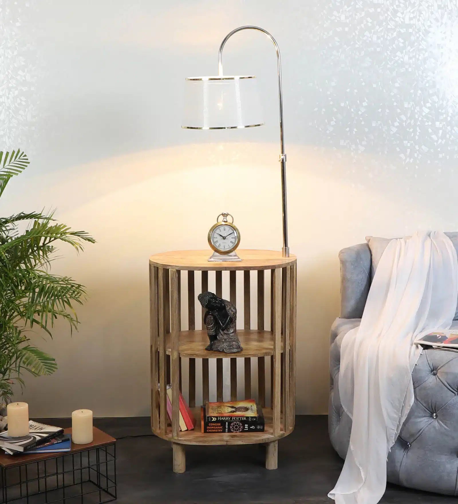 Shelf Floor Lamp With Wood Base For Living Room, Bedroom