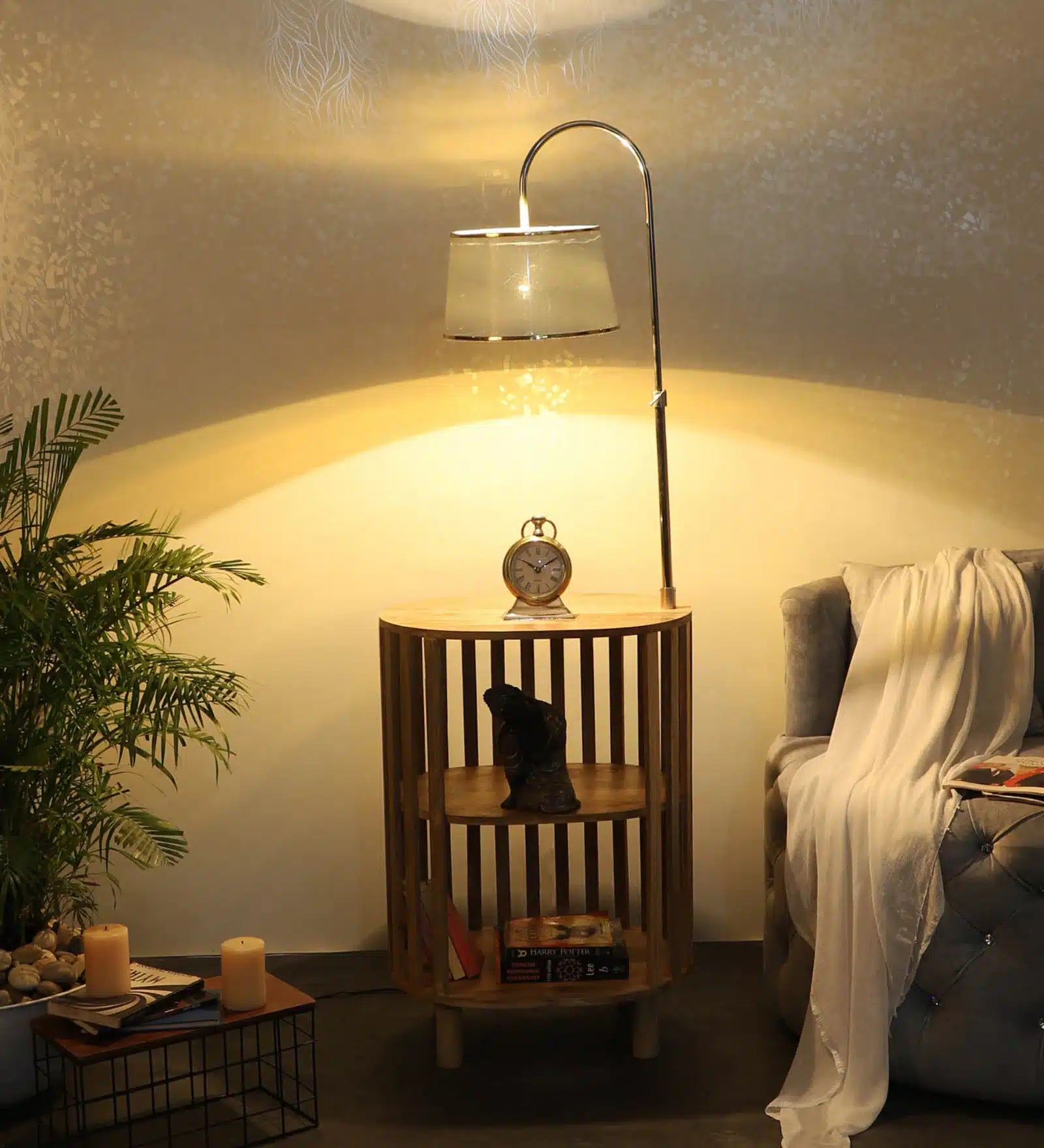 Shelf Floor Lamp With Wood Base For Living Room, Bedroom