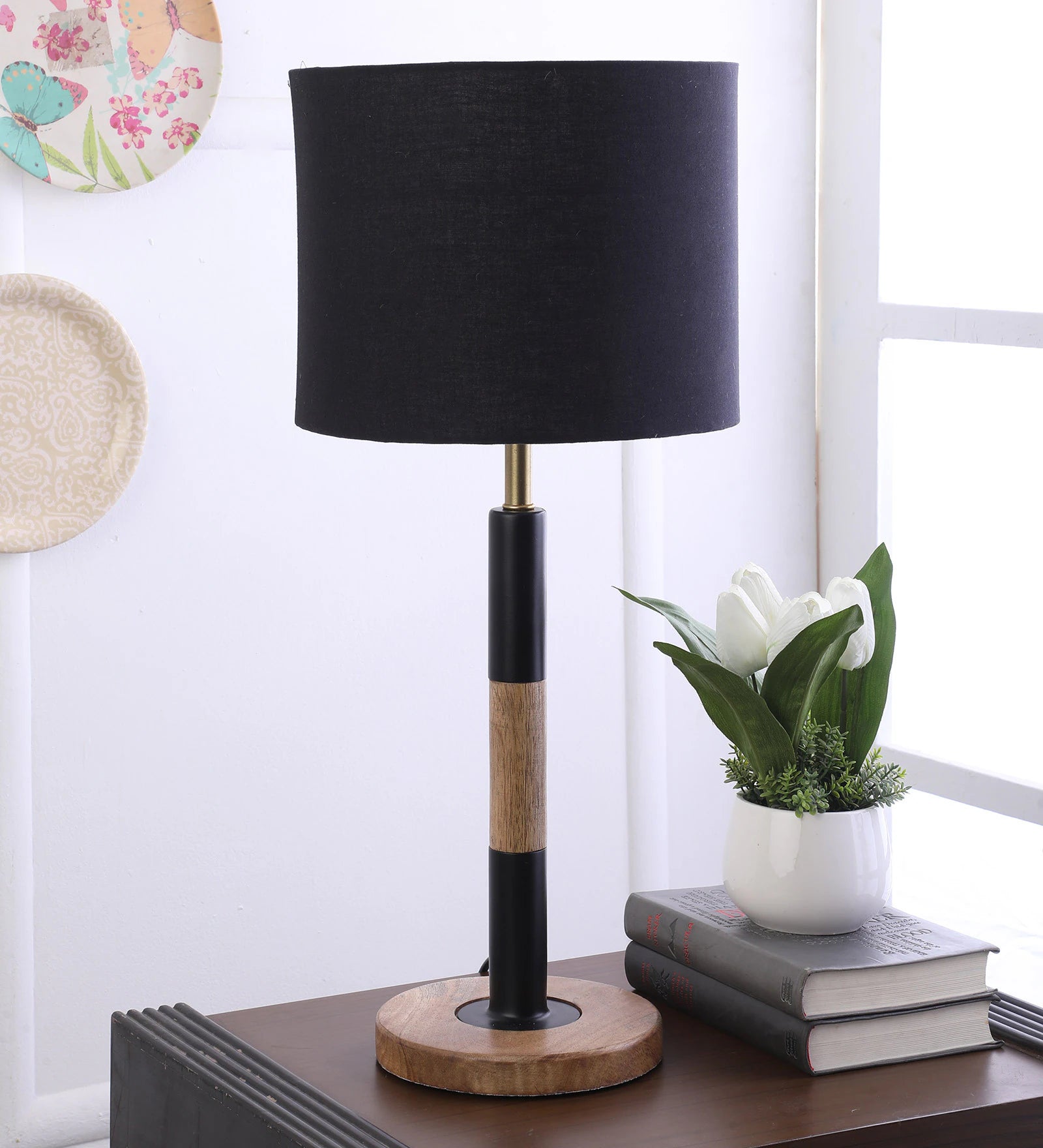 Fellida Black Natural Fiber Shade Night Lamp With Mango