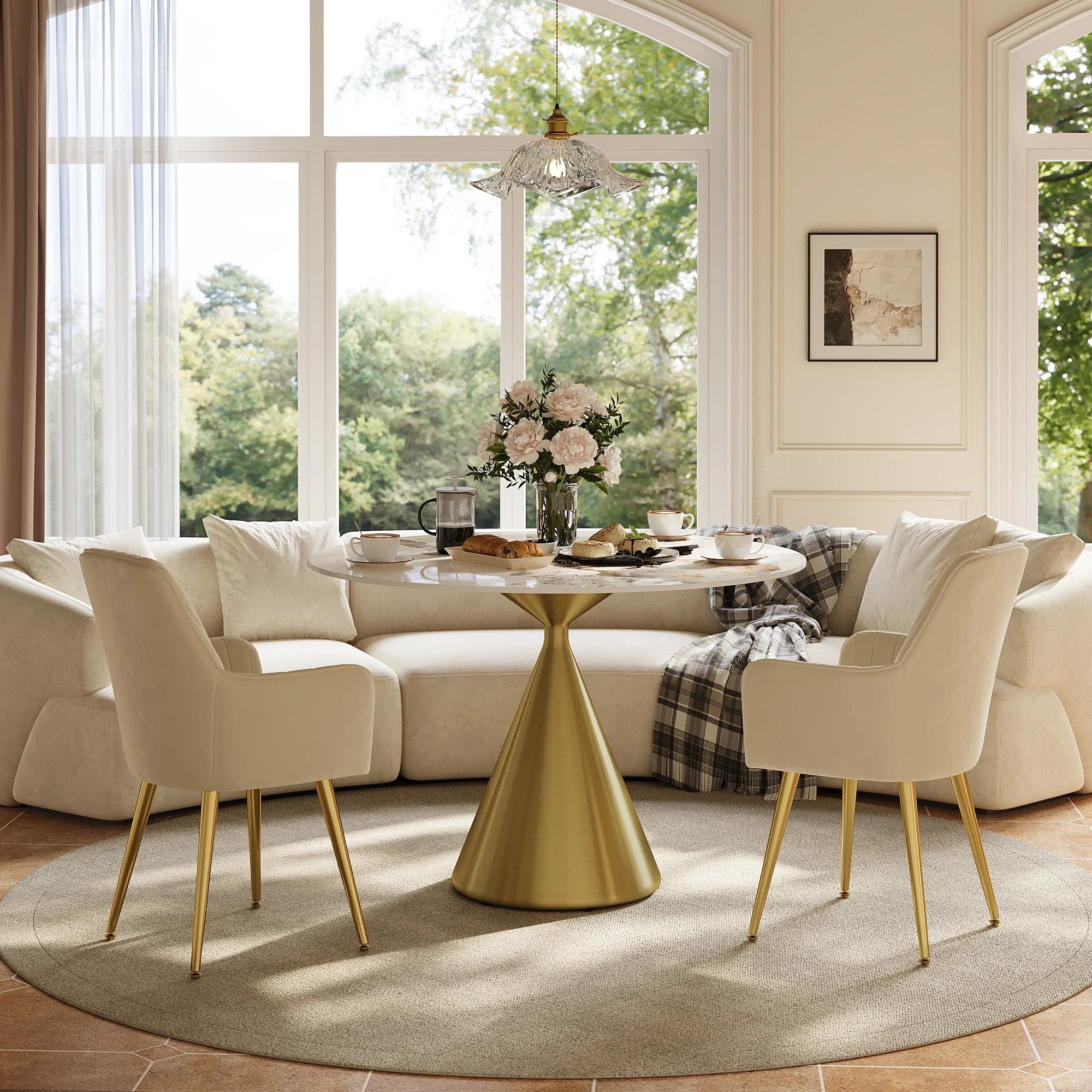 Gold Metal Pedestal Dining Table with Chairs