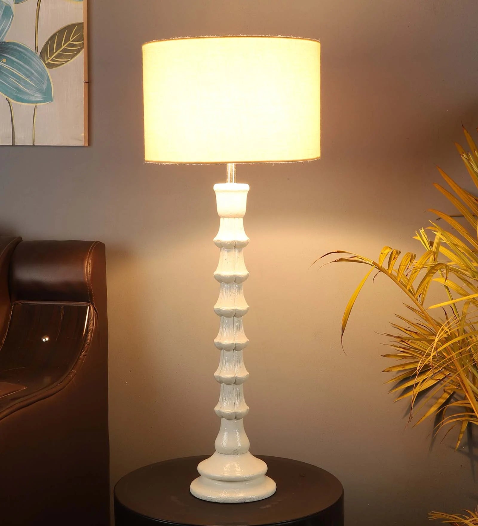 Beige Iron & Cloth Shade Table Lamp with White Base
