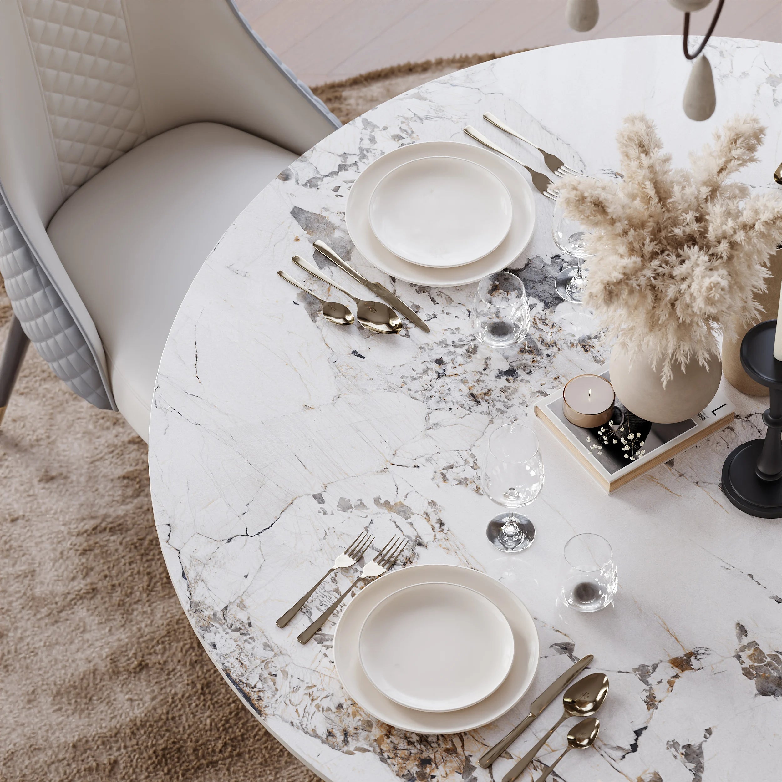 Round Dining Table with Steel Base with 4 Chairs