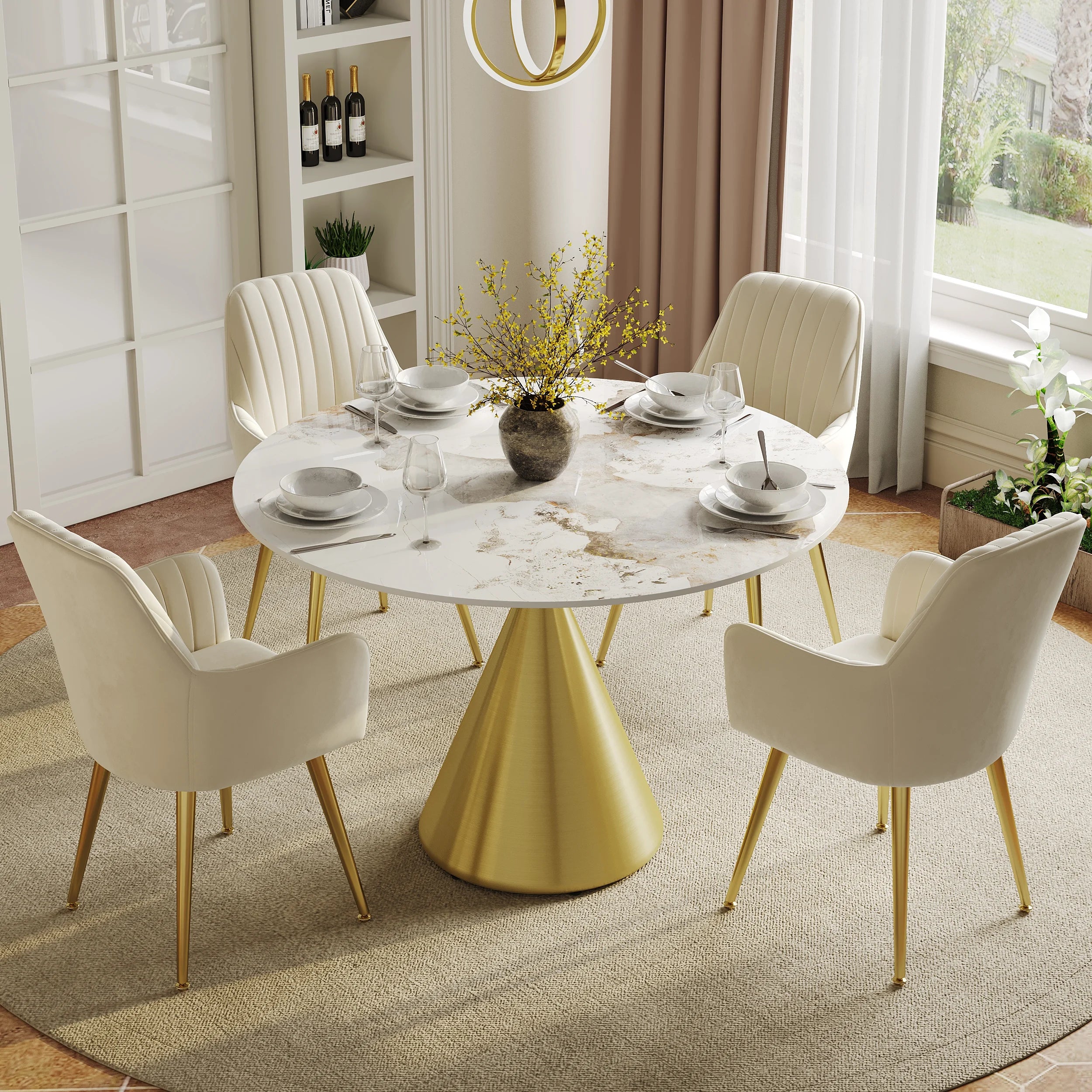 Gold Metal Pedestal Dining Table with Chairs