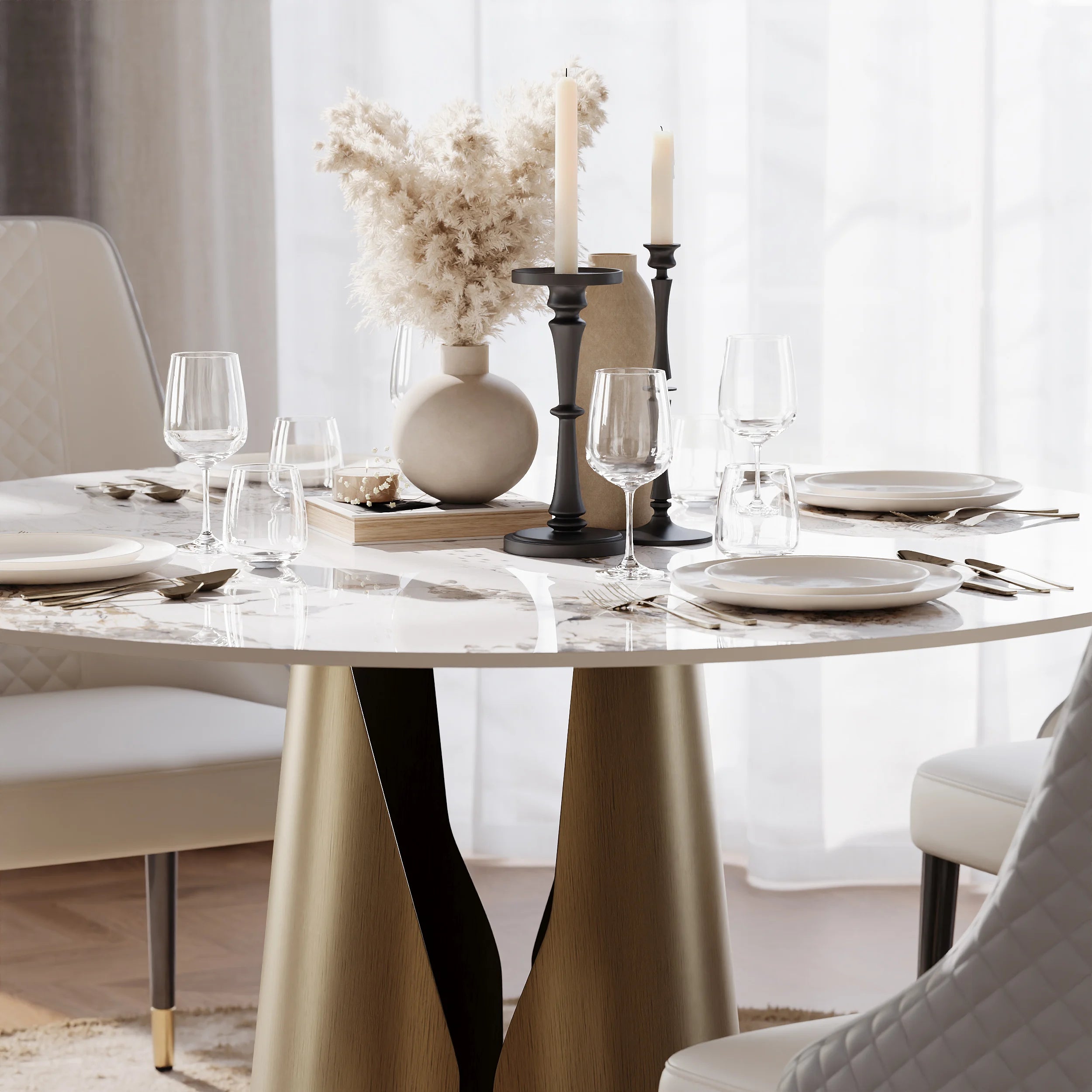 Round Dining Table with Steel Base with 4 Chairs