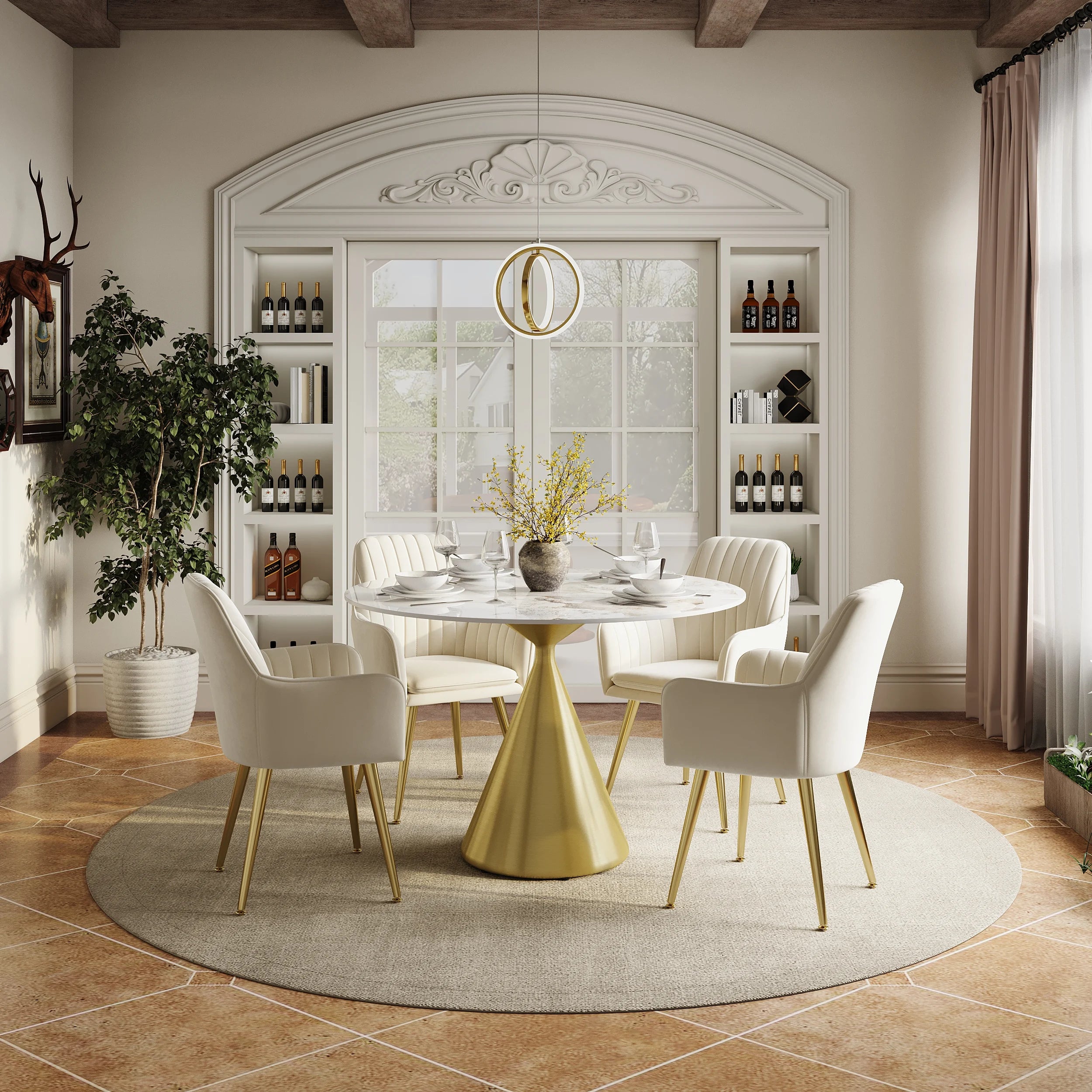 Gold Metal Pedestal Dining Table with Chairs