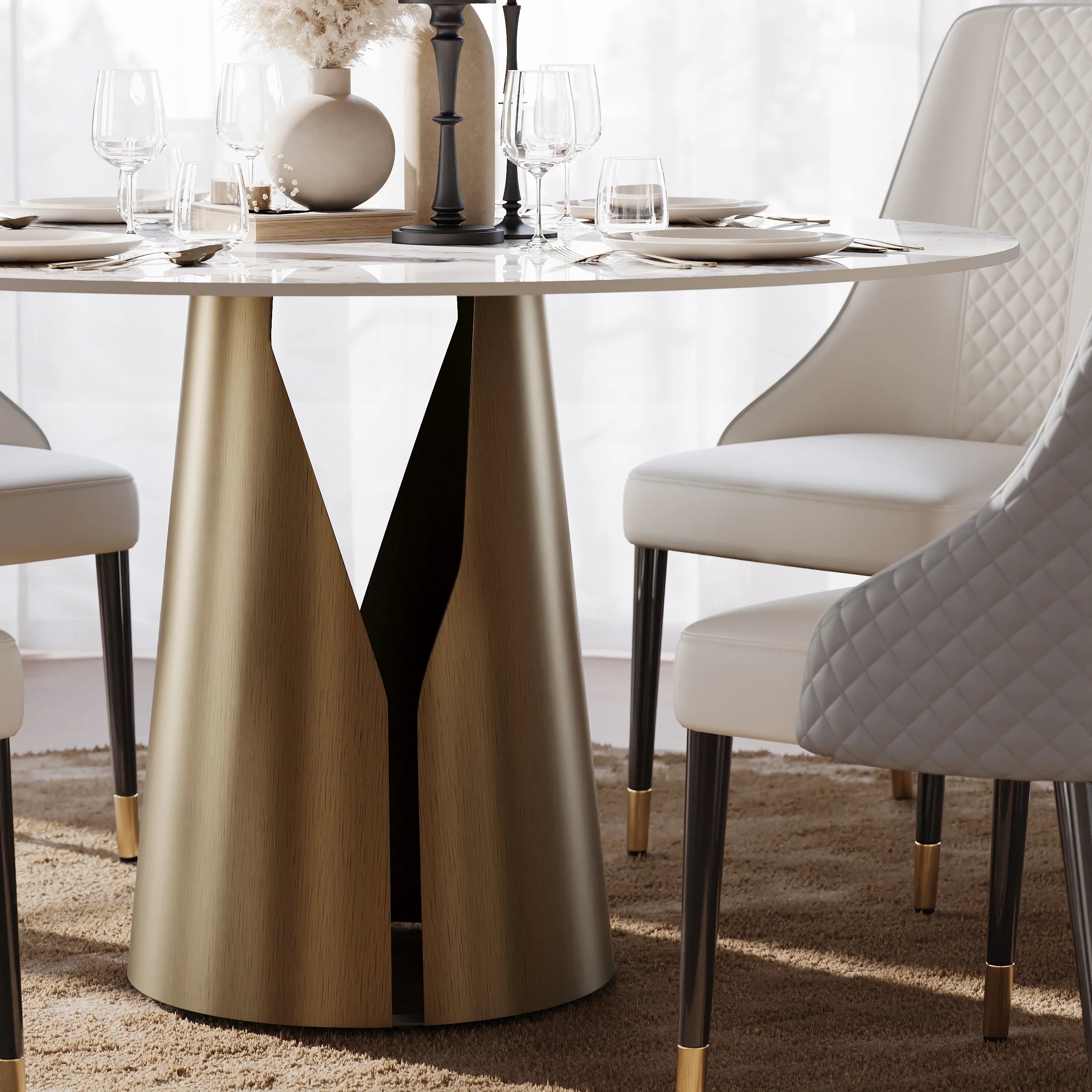Round Dining Table with Steel Base with 4 Chairs