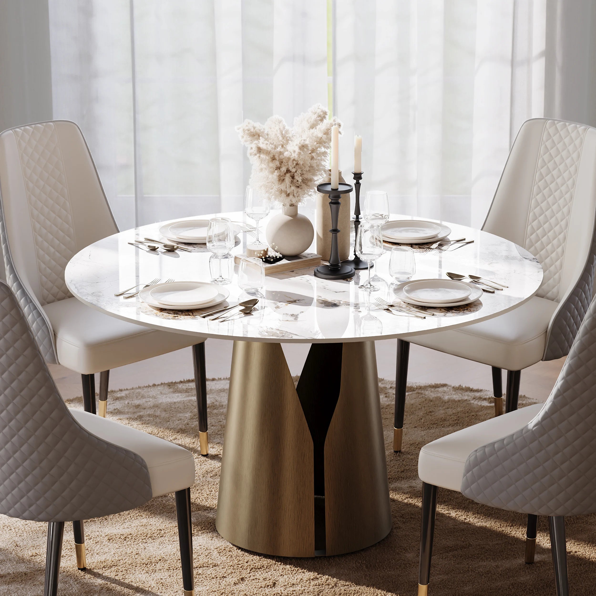 Round Dining Table with Steel Base with 4 Chairs
