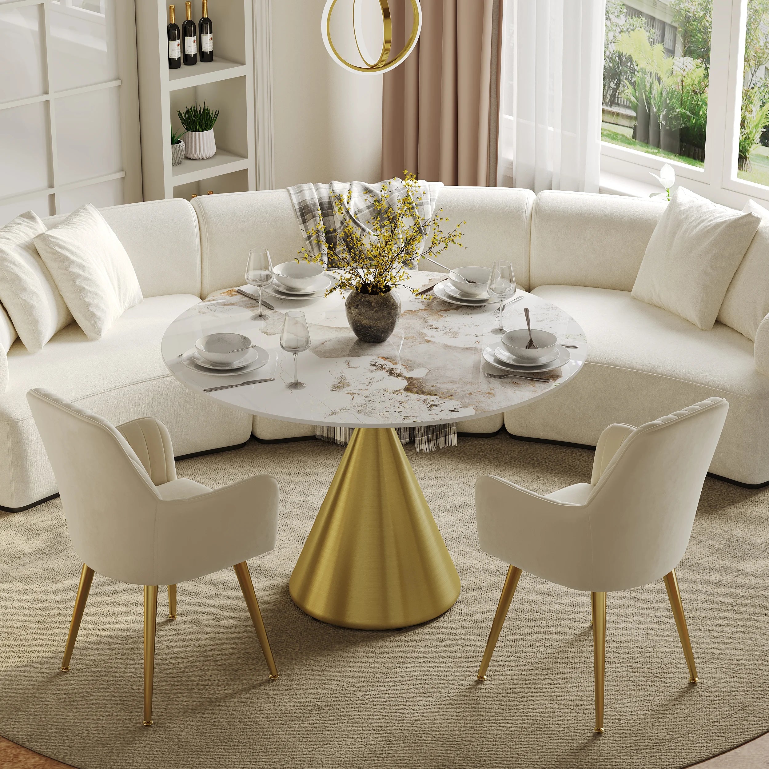 Gold Metal Pedestal Dining Table with Chairs