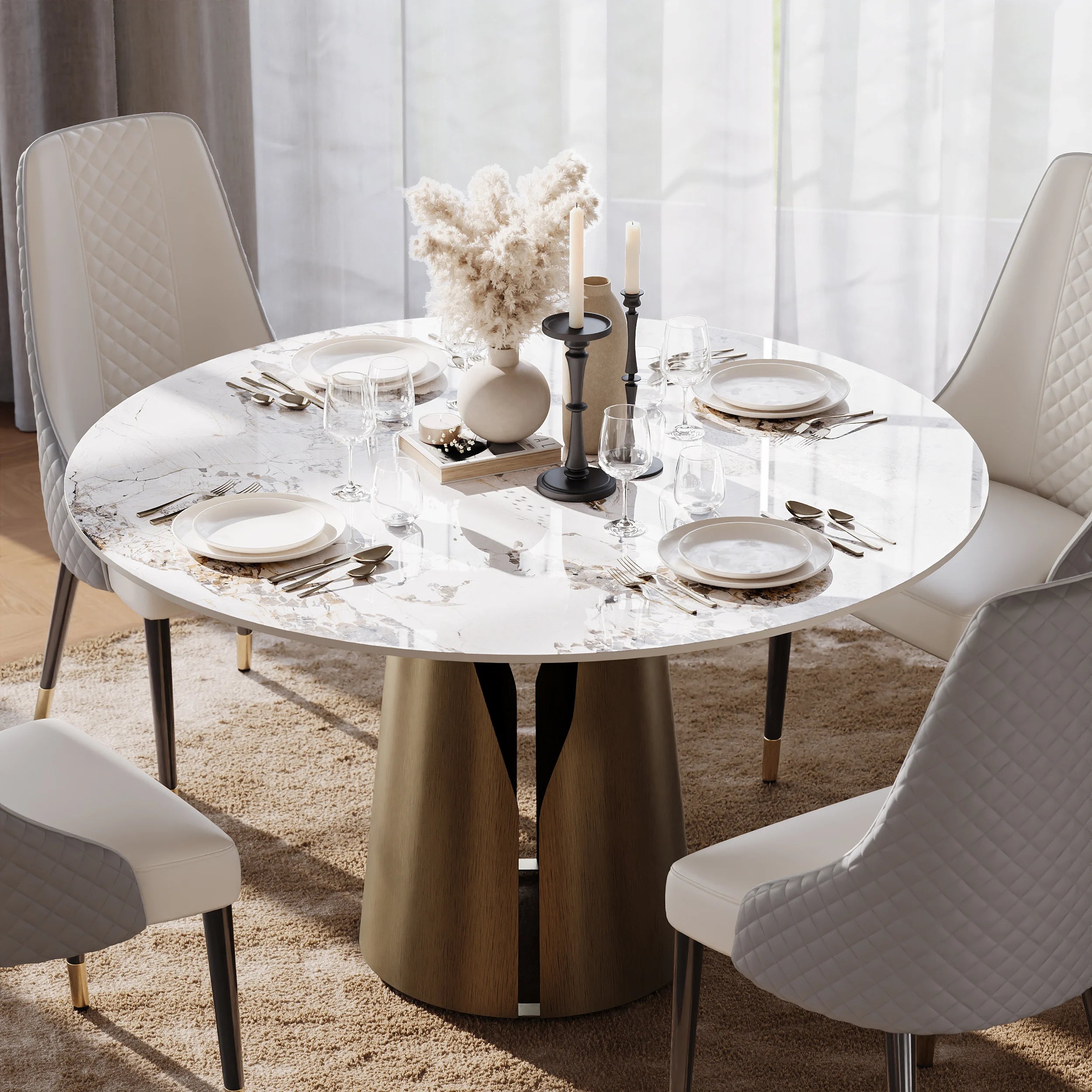 Round Dining Table with Steel Base with 4 Chairs