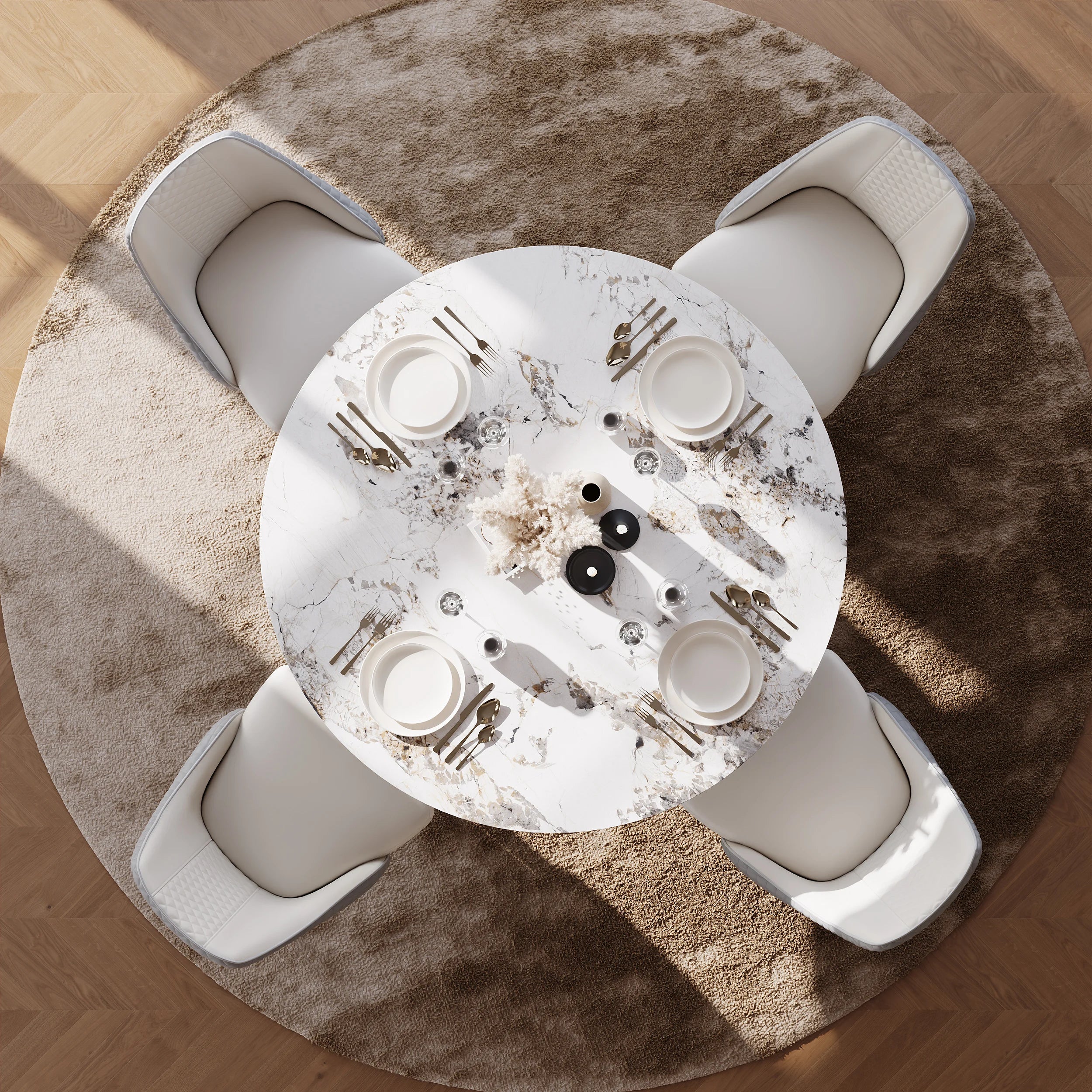 Round Dining Table with Steel Base with 4 Chairs