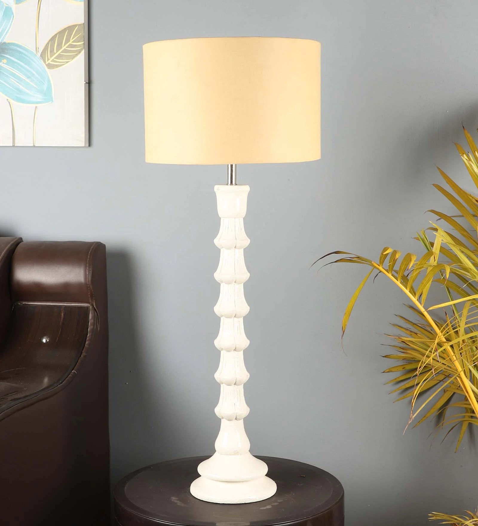 Beige Iron & Cloth Shade Table Lamp with White Base