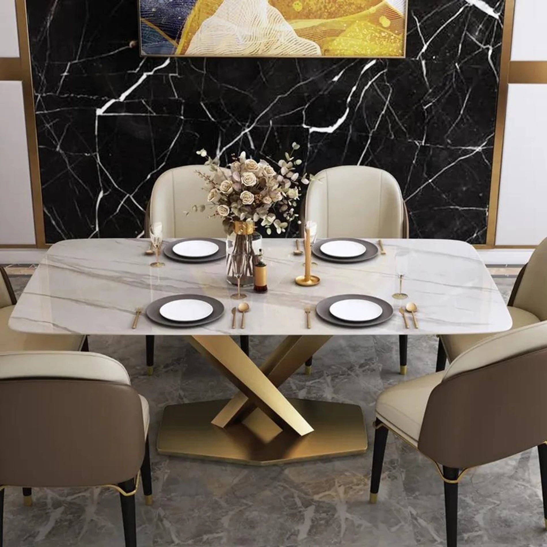 Designer Rectangle White Marble Dining Table with chairs