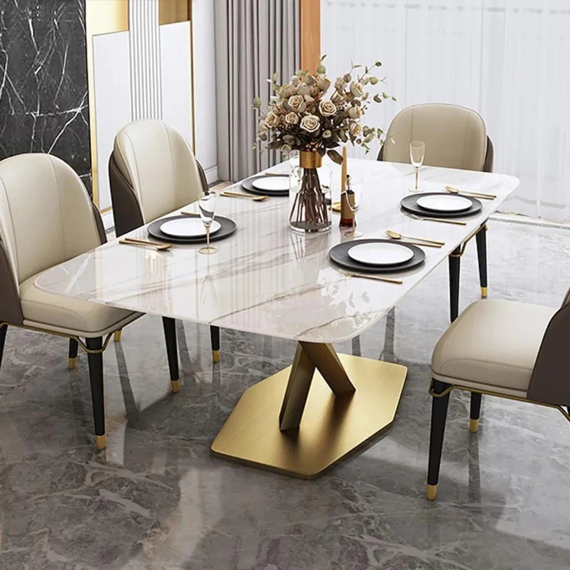 Designer Rectangle White Marble Dining Table with chairs