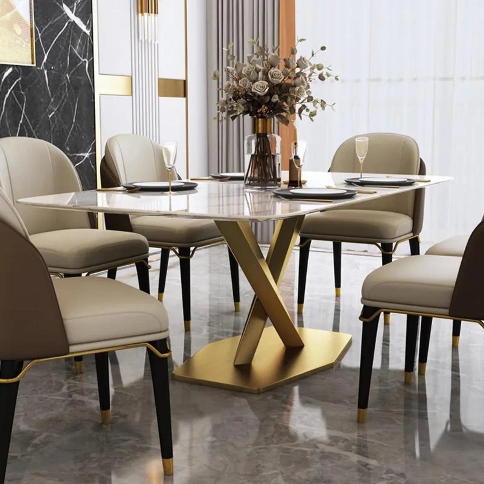 Designer Rectangle White Marble Dining Table with chairs