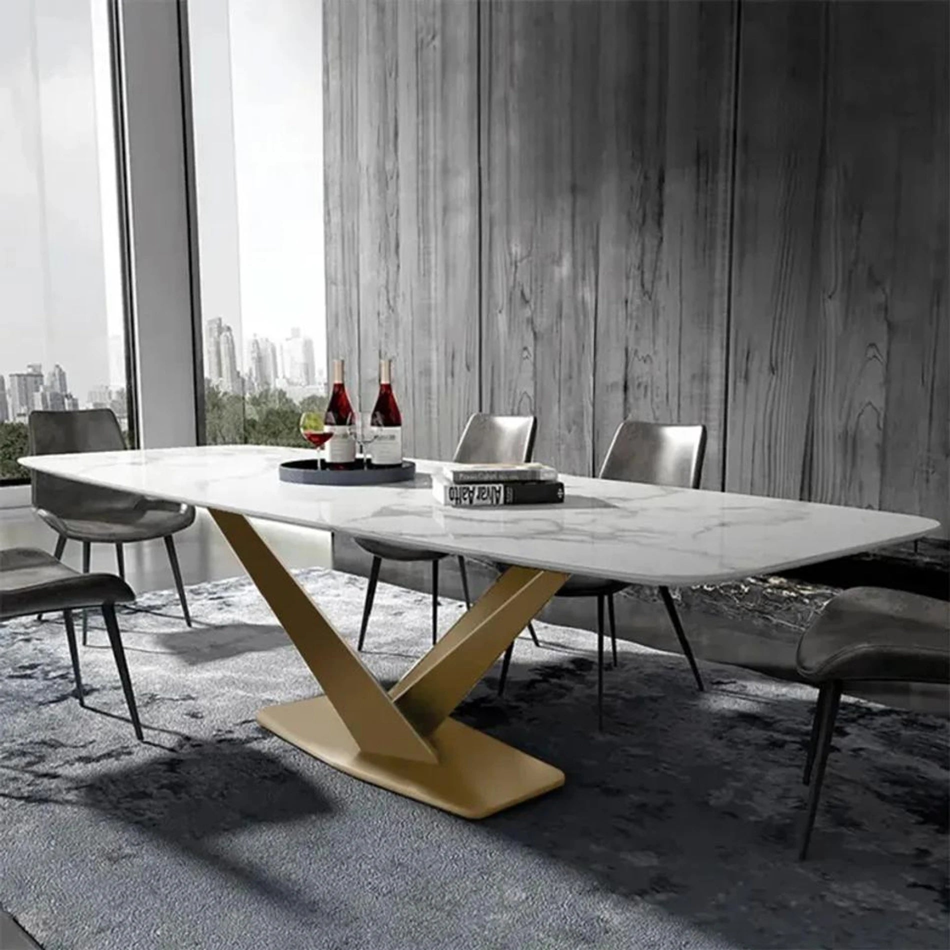 Designer Rectangle White Marble Dining Table with chairs