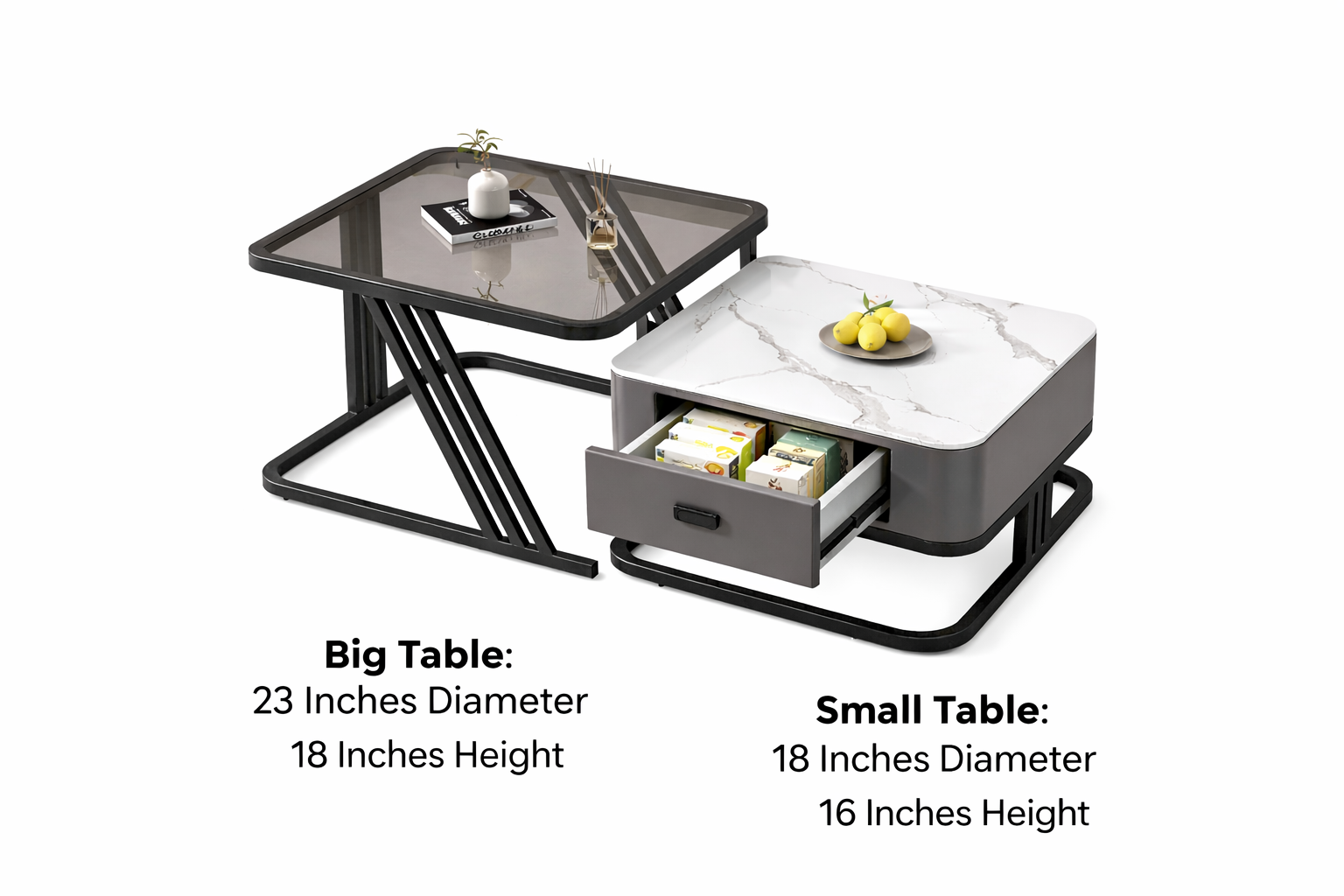 Glass Square Nesting Marble Storage Center Table (Set of 2)