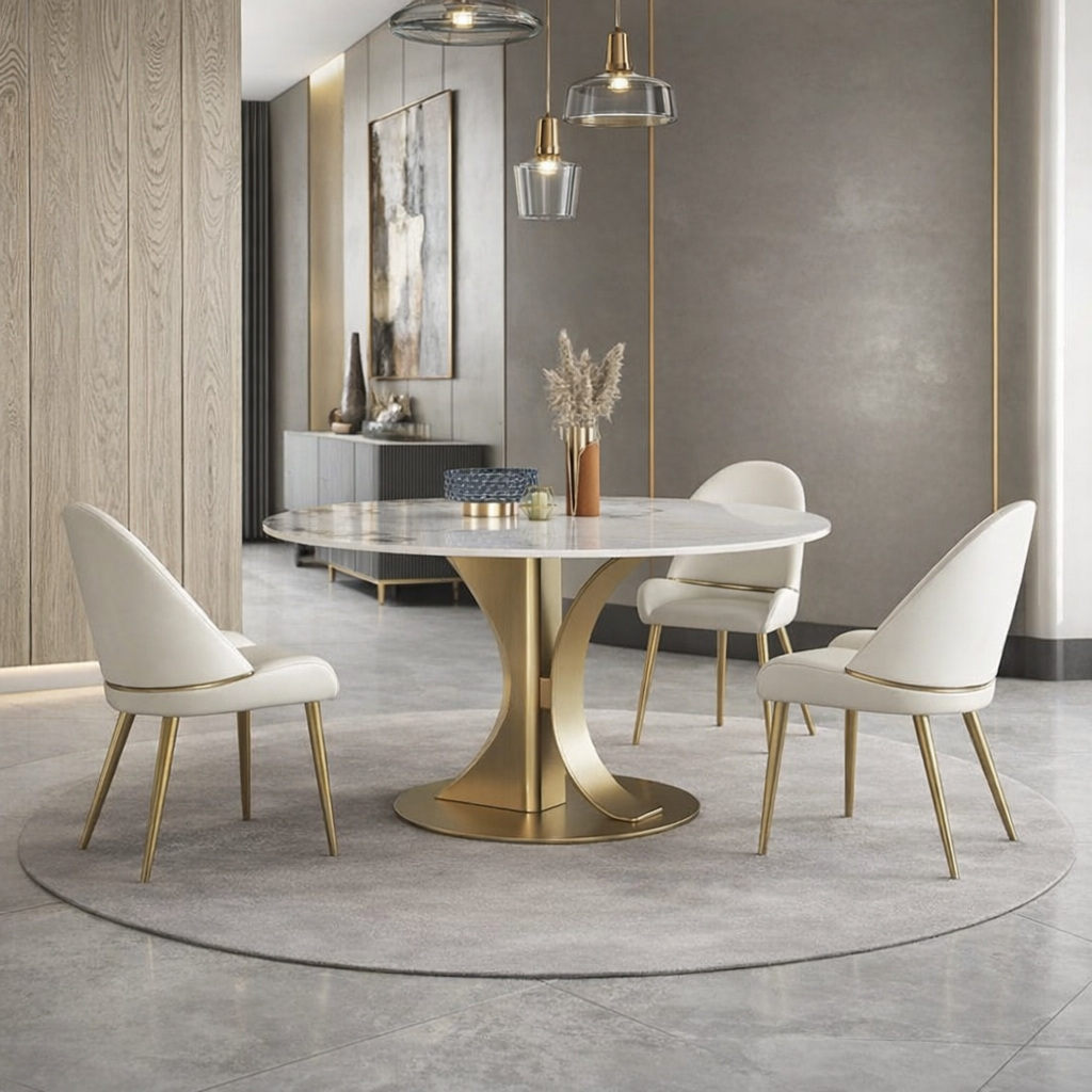 Round Marble Dining Table Gold Stainless Steel with 4 chairs