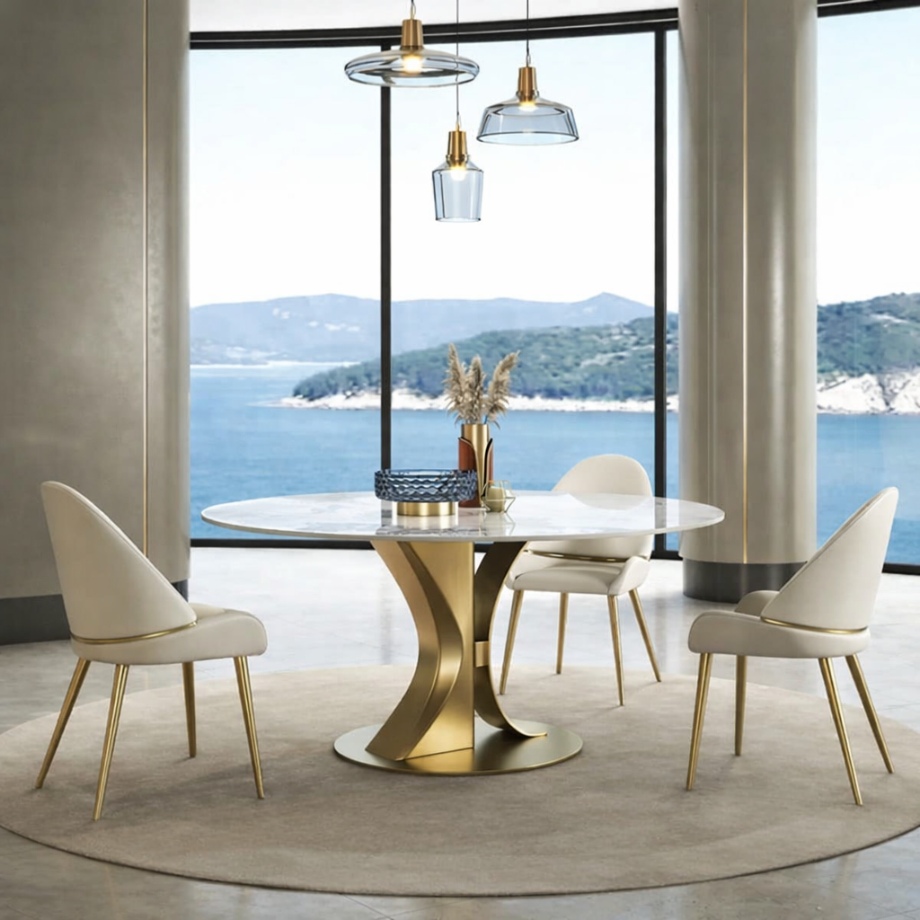 Round Marble Dining Table Gold Stainless Steel with 4 chairs
