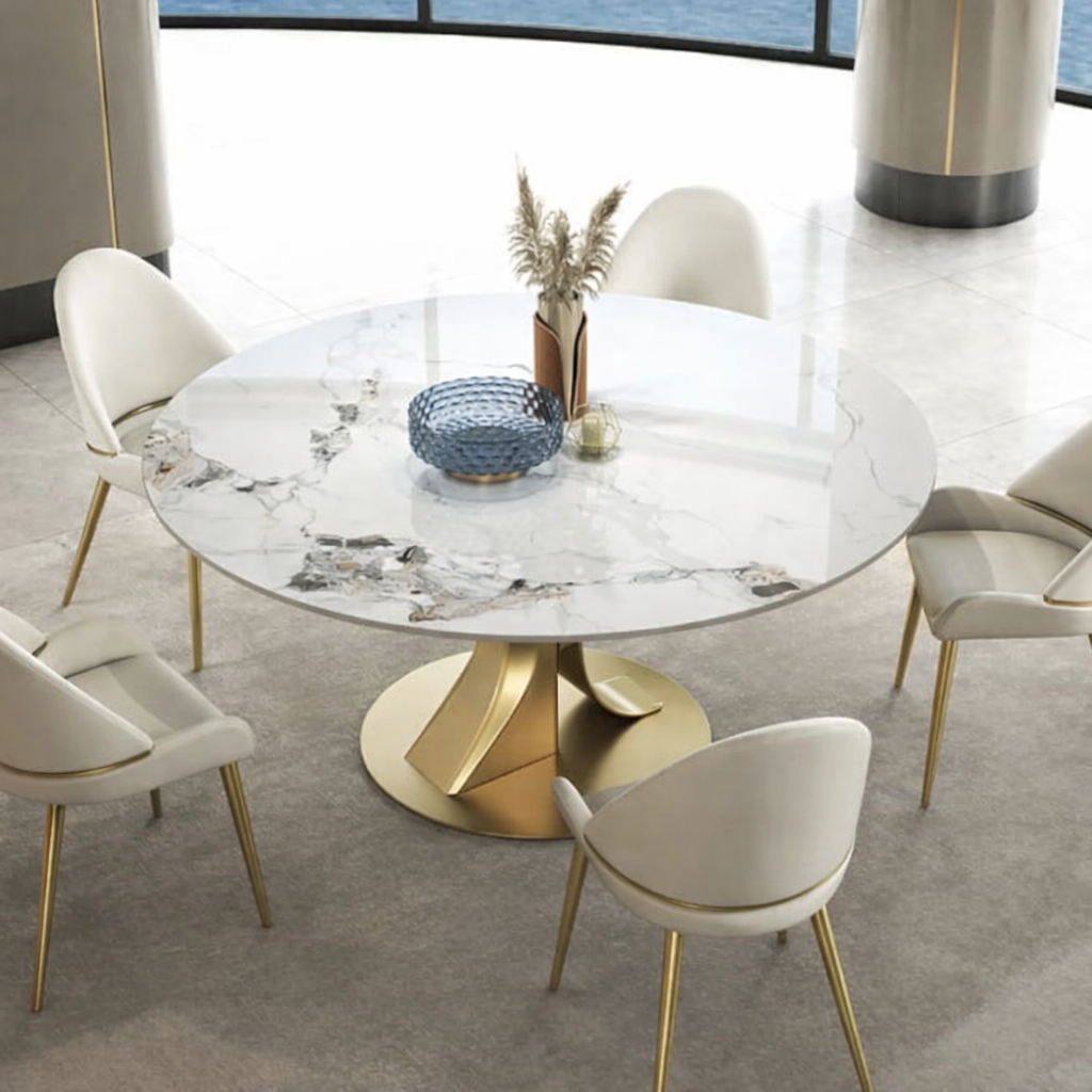 Round Marble Dining Table Gold Stainless Steel with 4 chairs
