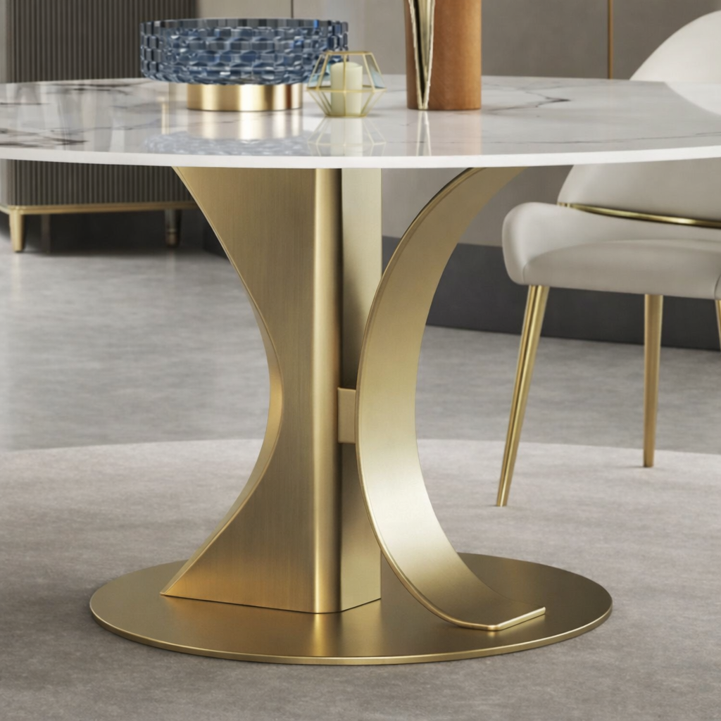 Round Marble Dining Table Gold Stainless Steel with 4 chairs