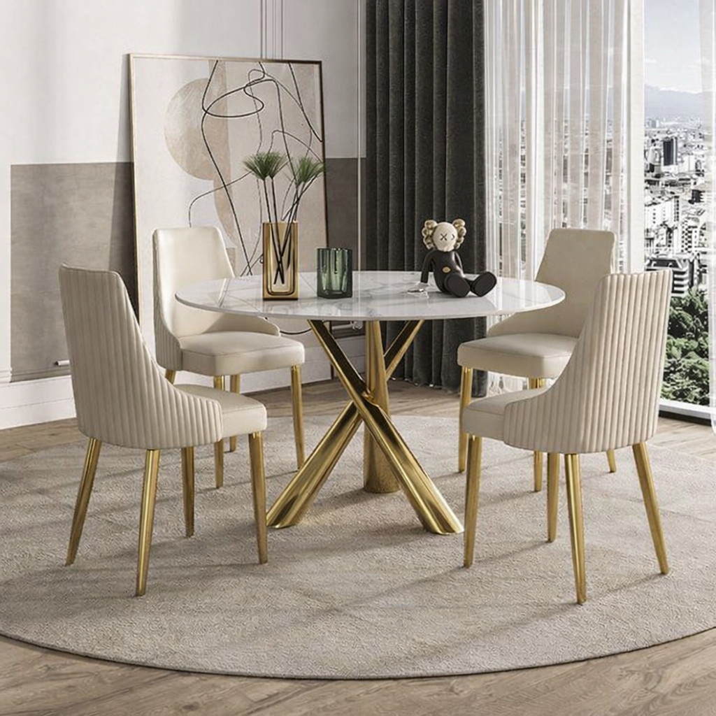 Modern Dining Table Gold Stainless Steel with 4 chairs
