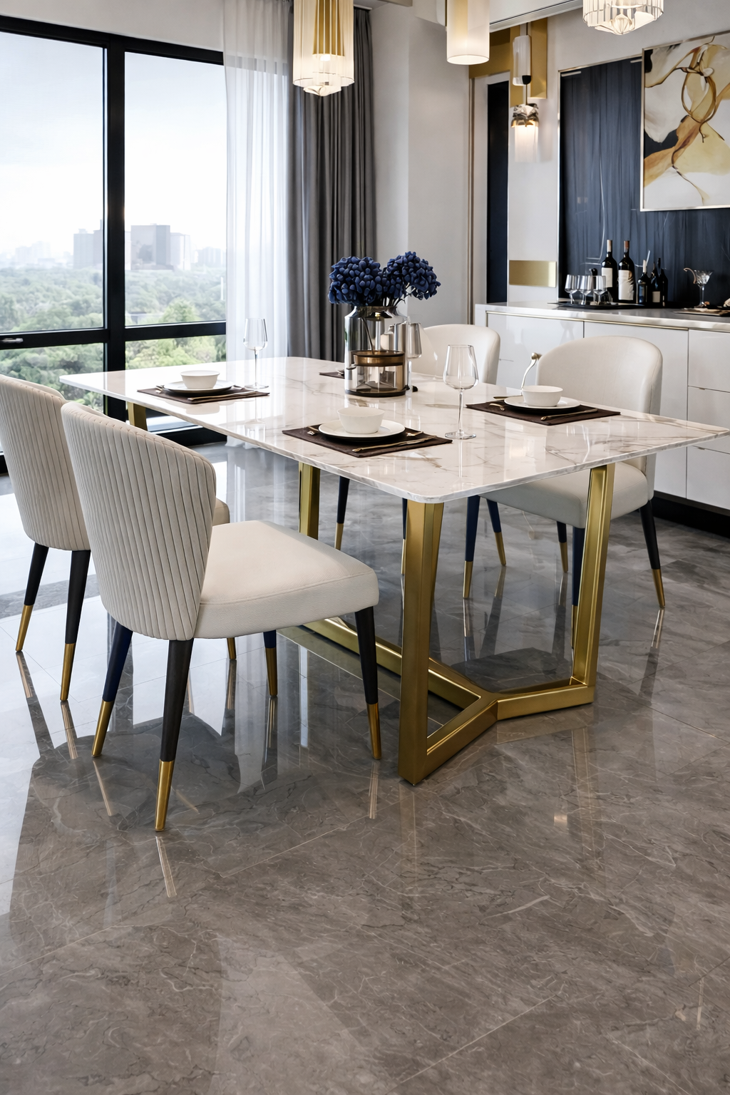 Luxury Marble Dining Table Gold Stainless Steel with 4 chairs