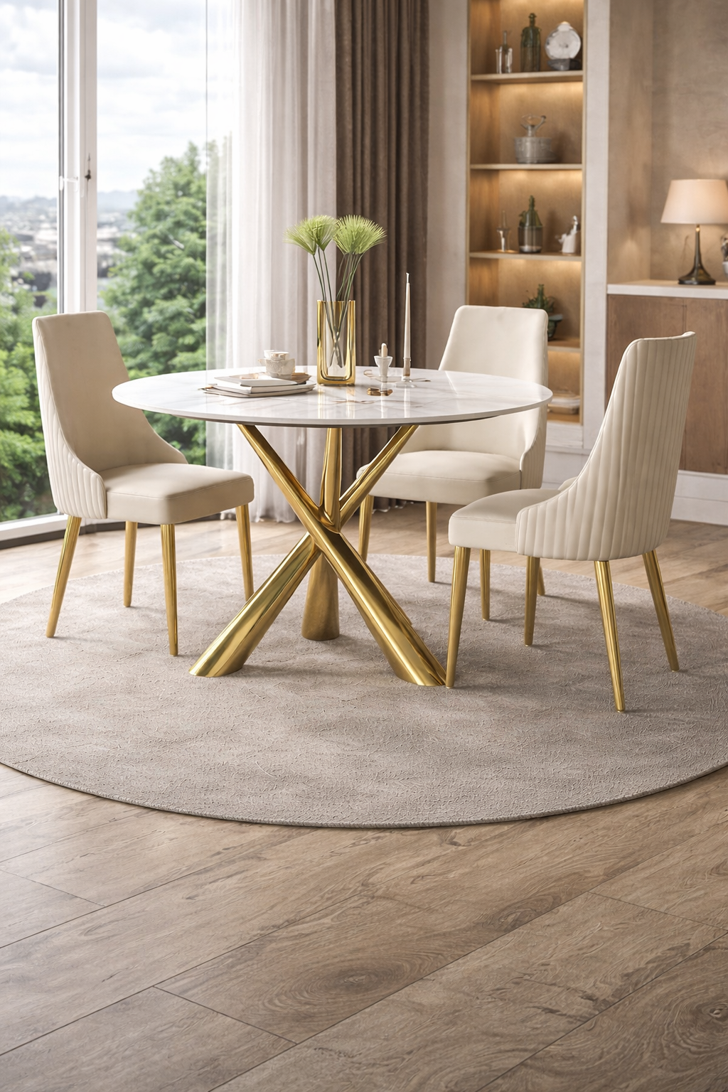 Modern Dining Table Gold Stainless Steel with 4 chairs