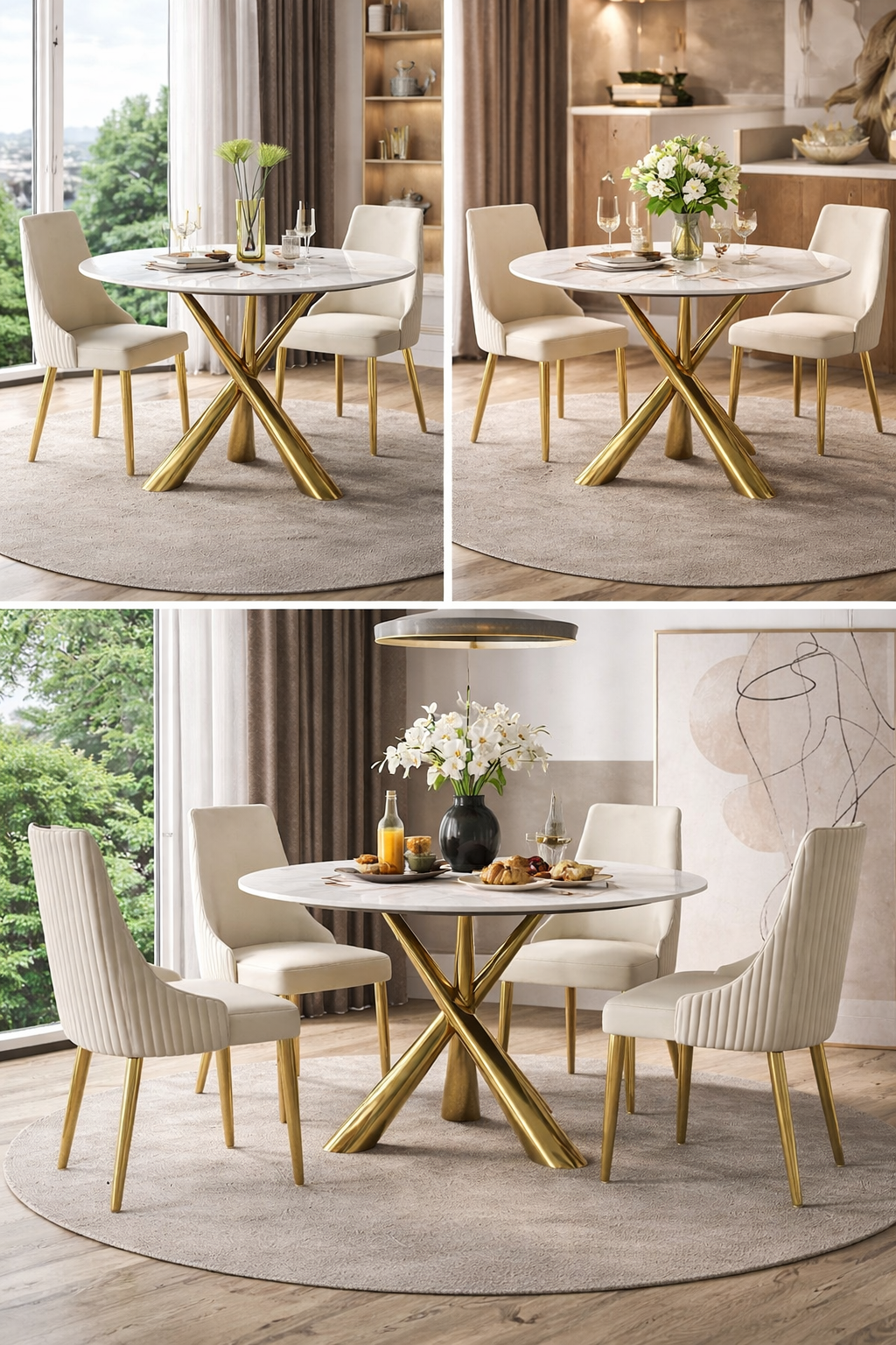 Modern Dining Table Gold Stainless Steel with 4 chairs