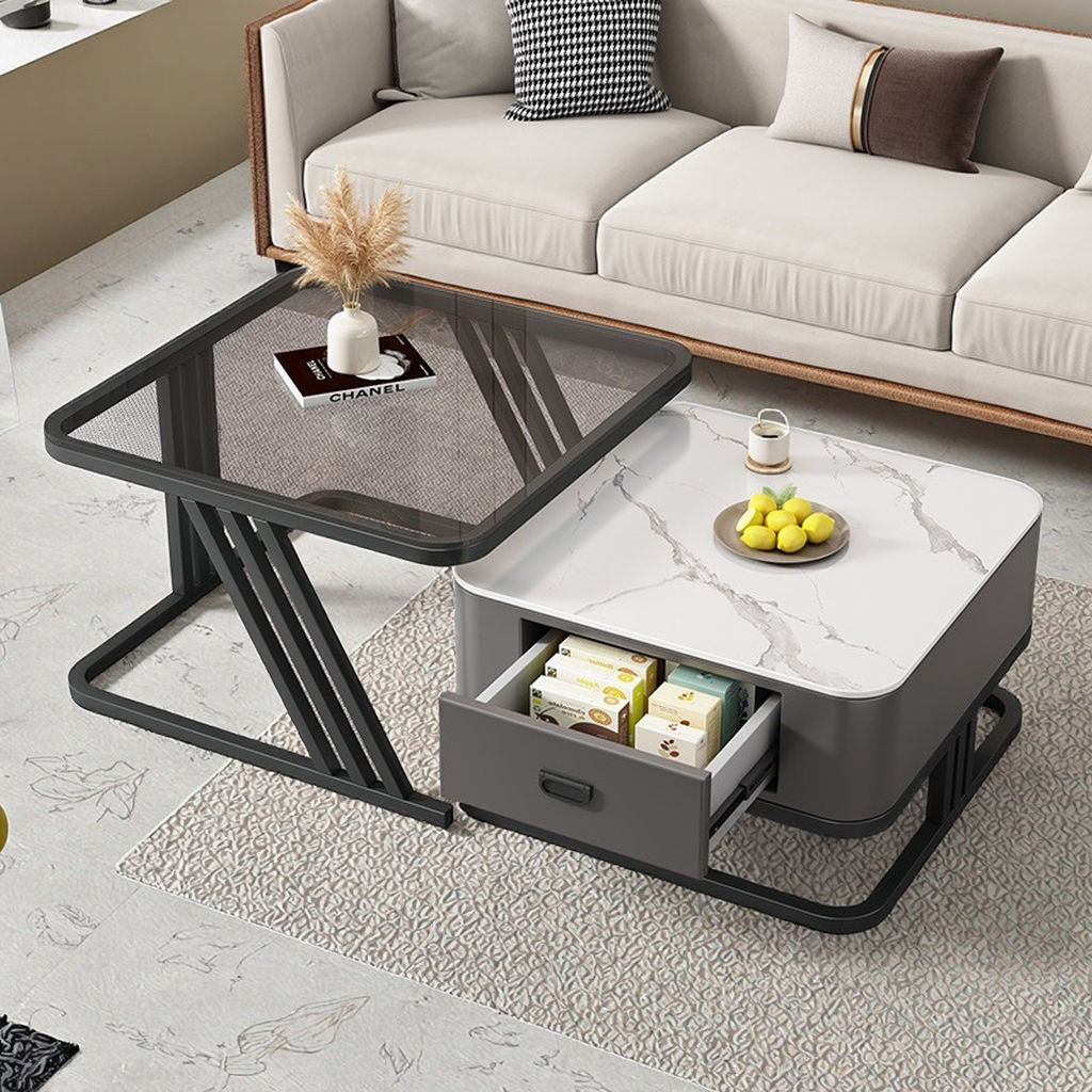 Glass Square Nesting Marble Storage Center Table (Set of 2)