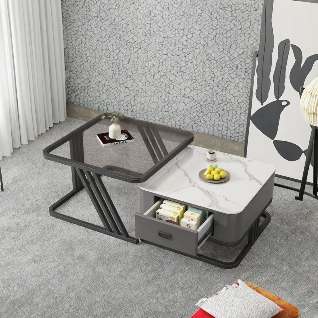 Glass Square Nesting Marble Storage Center Table (Set of 2)