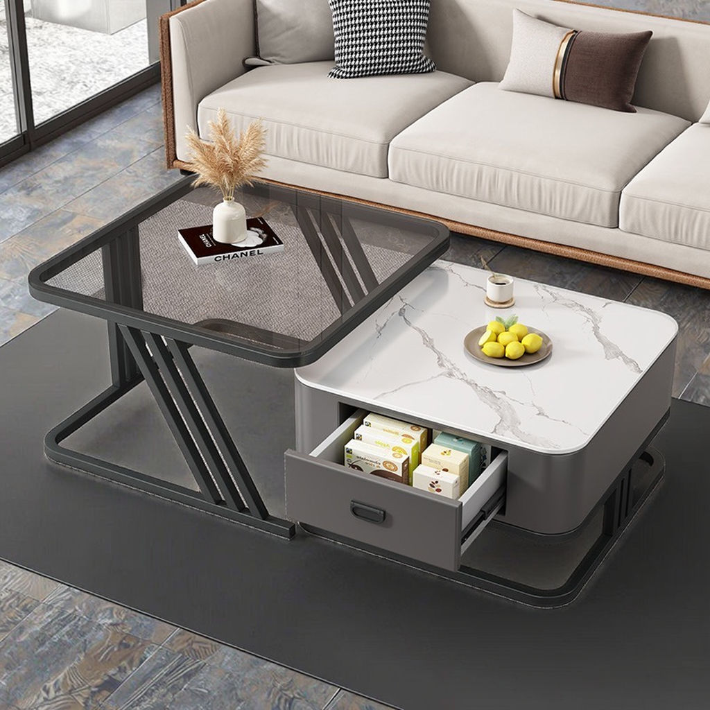 Glass Square Nesting Marble Storage Center Table (Set of 2)