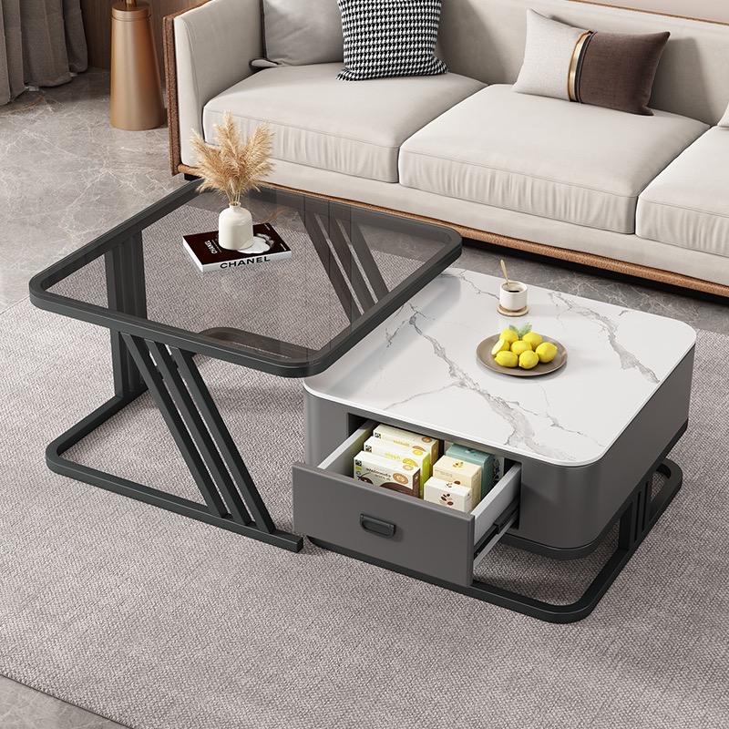 Glass Square Nesting Marble Storage Center Table (Set of 2)