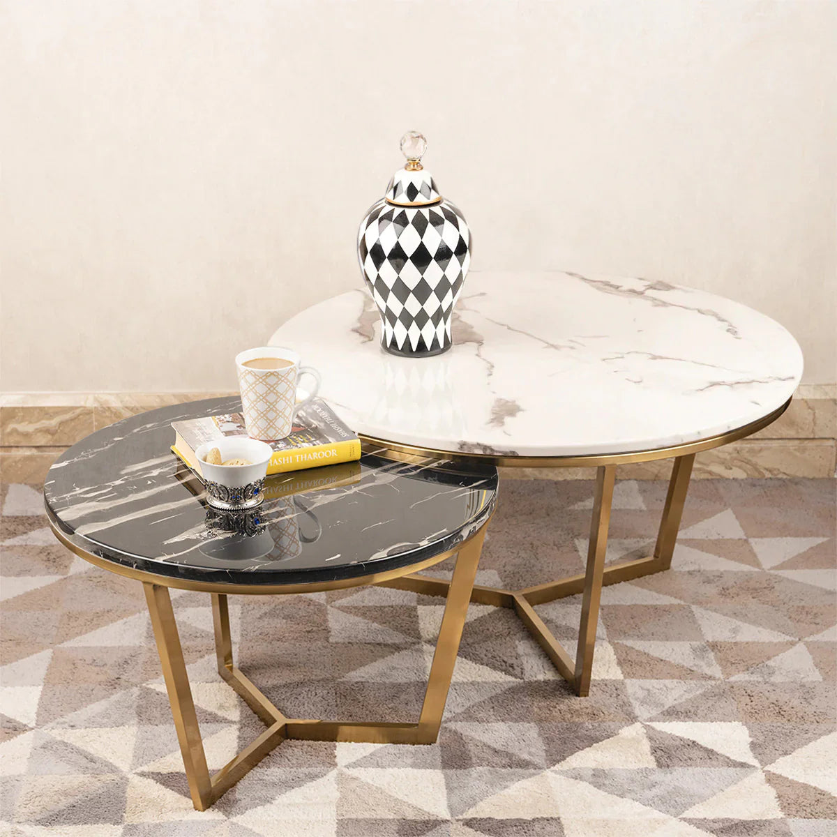 Spider Black and White Marble Center Table Set of 2 PVD Finish