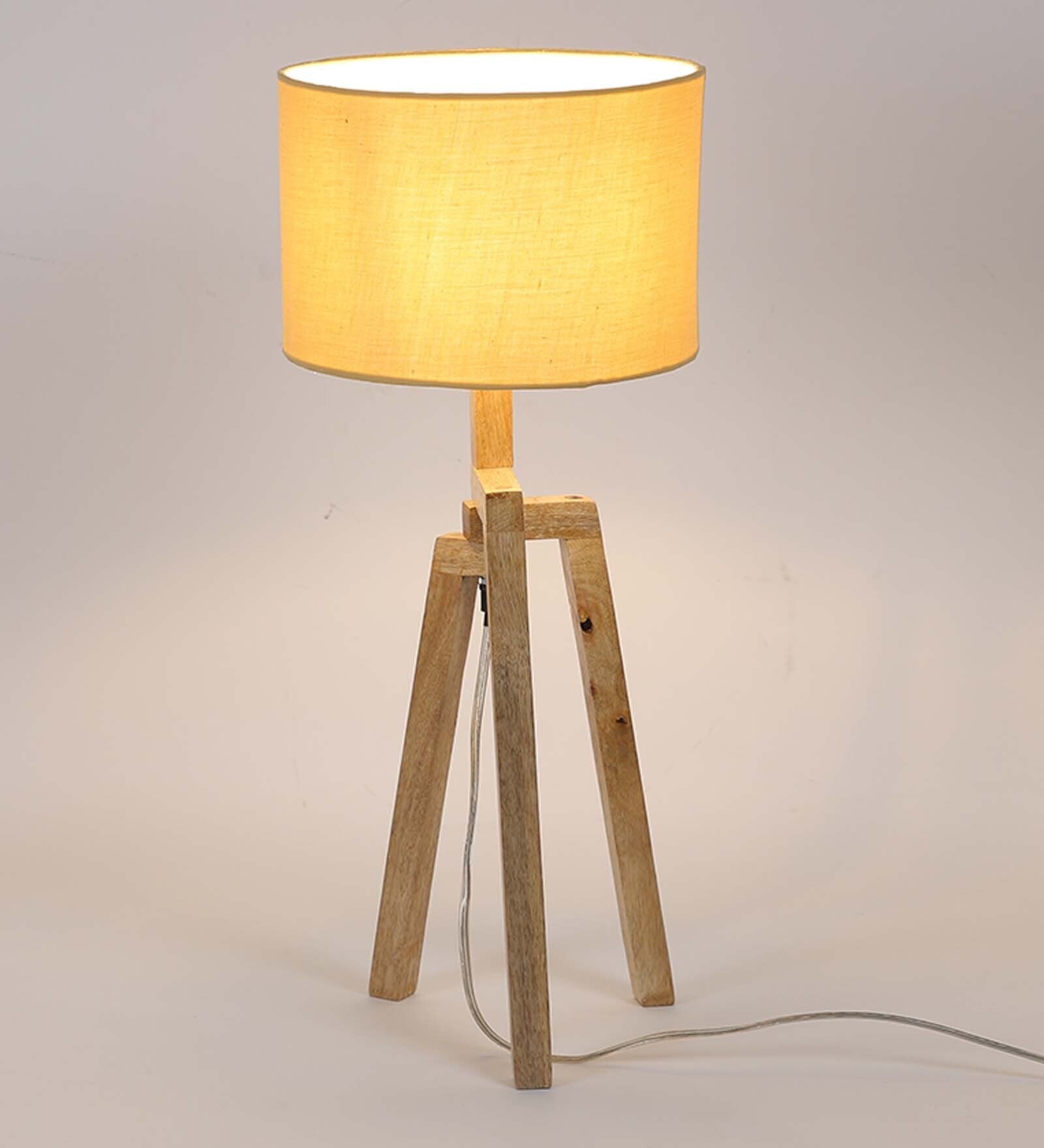 Corner Beige Fabric Shade Table Lamp With Mango wood Base
