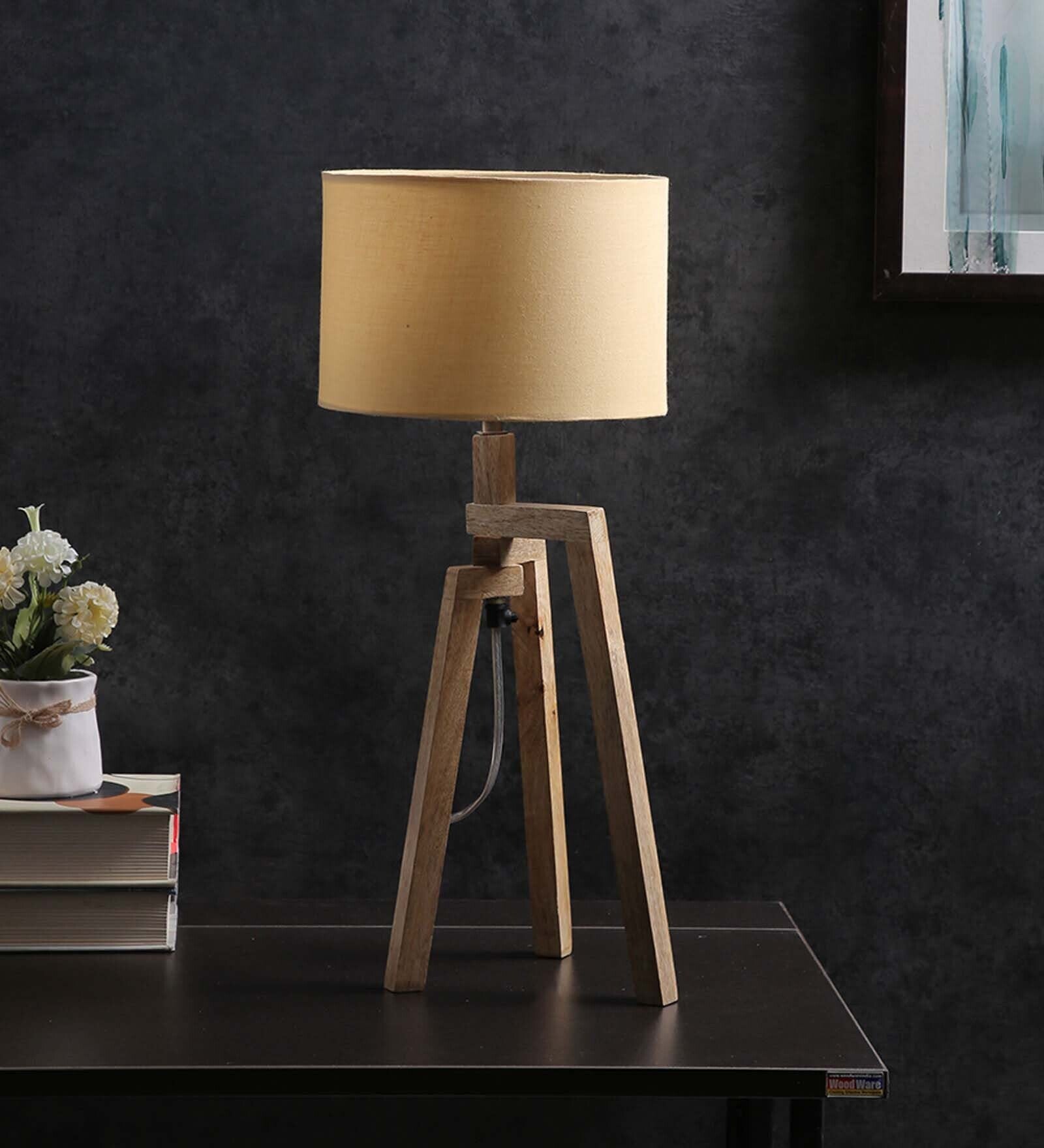 Corner Beige Fabric Shade Table Lamp With Mango wood Base