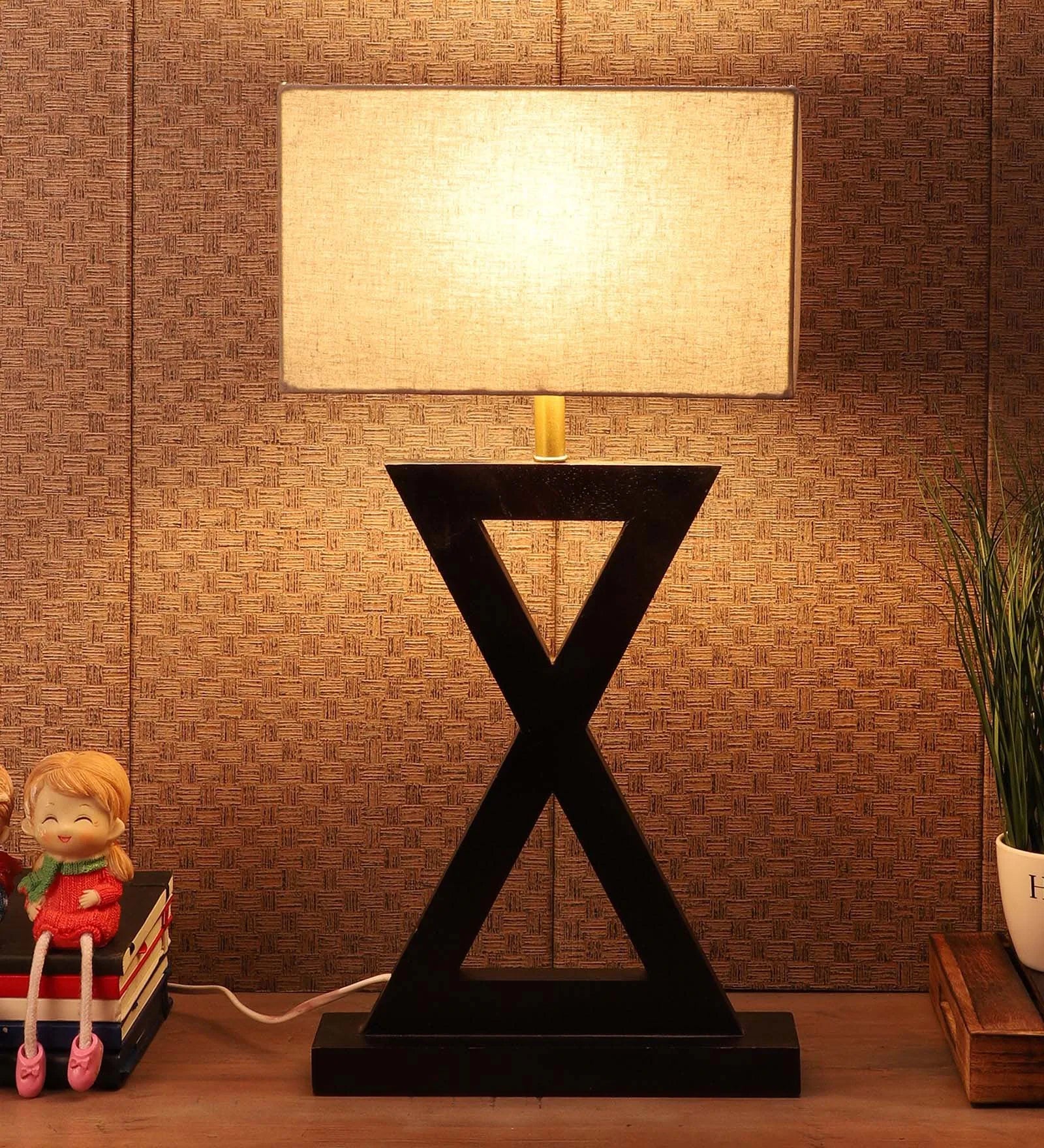 Soomin Grey Fabric Shade Table Lamp With Natural Base